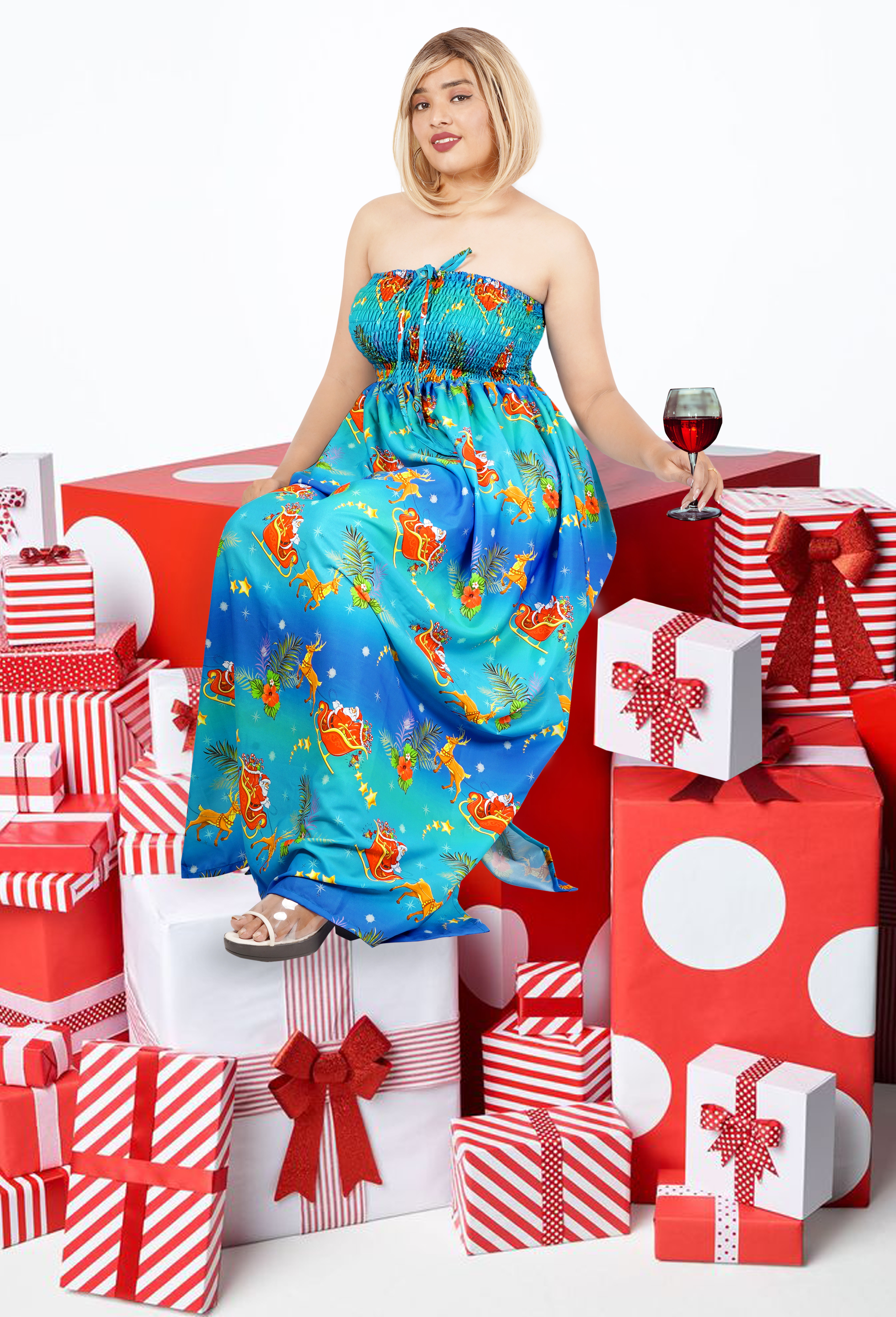 thumbnail video image 2 of HAPPY BAY Women's A line Slit Smocked Maxi Casual Beach Dress Tube Top Evening Long Strapless Christmas Tree Outfits for Women L-XL Lapis, Palm Tree, 2 of 6