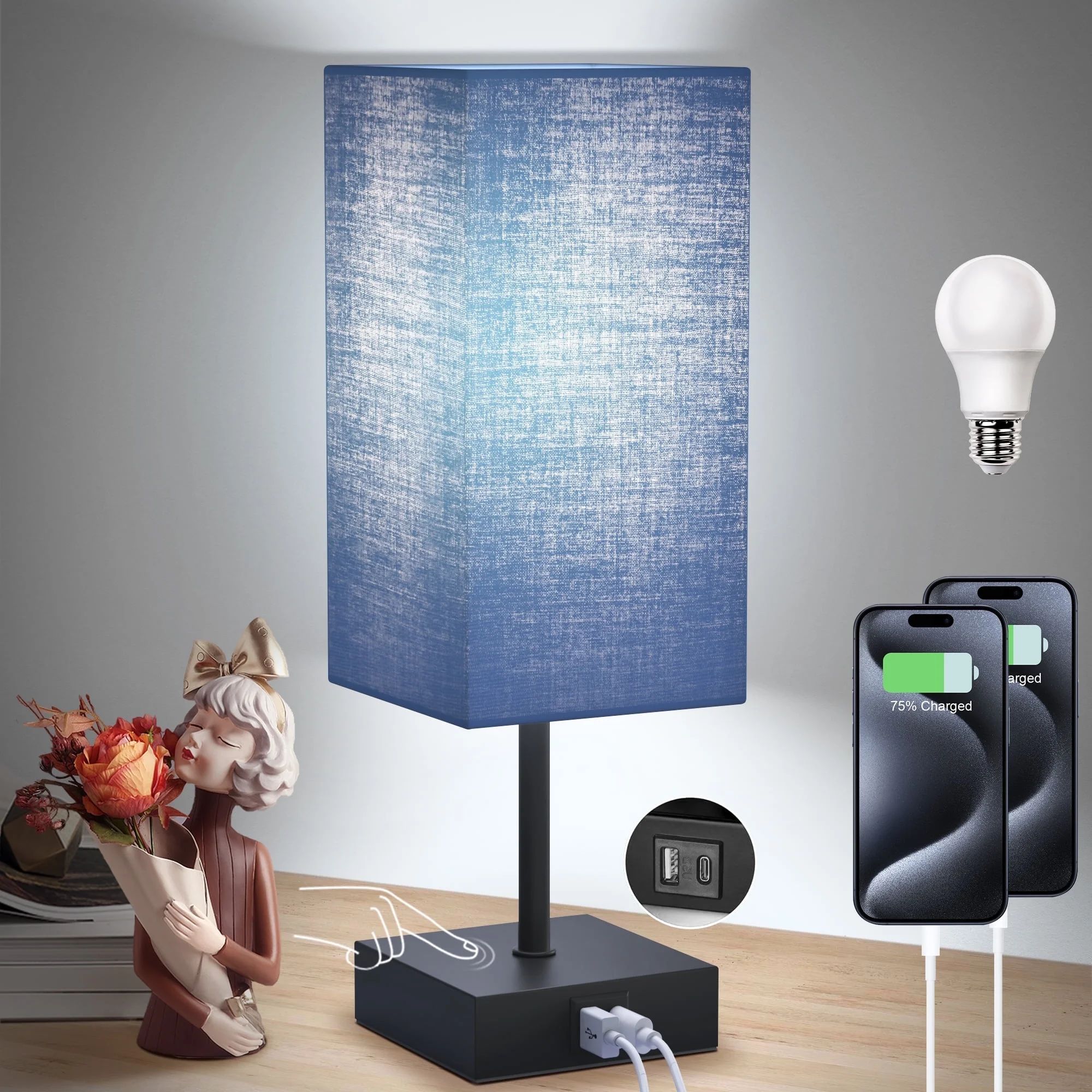 thumbnail video image 2 of Hansang Bedside Table Lamp for Bedroom Set of 2,3 Way Dimmable Touch Lamp with USB C+A Charging Ports, LED Bulbs Included, 2 of 8