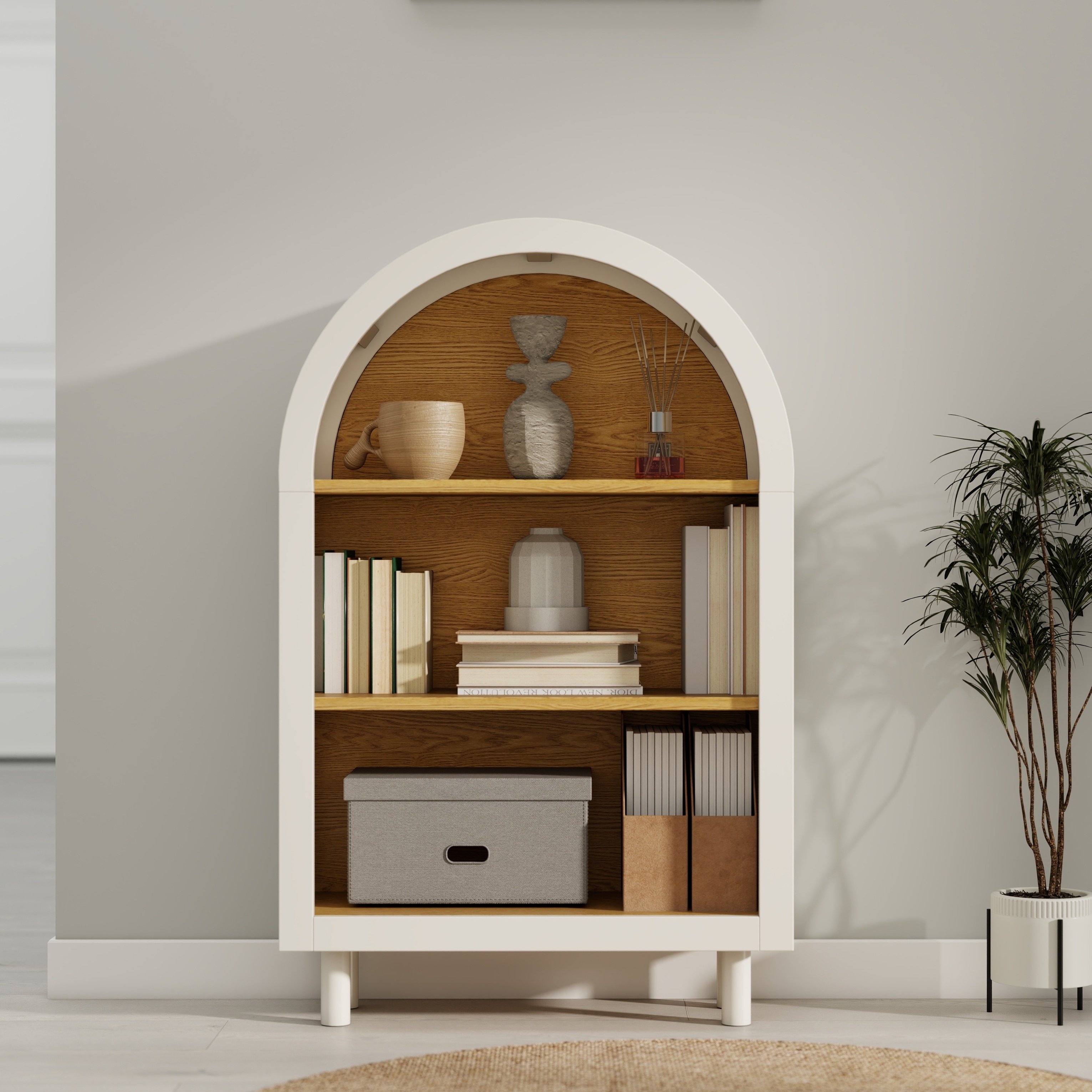 thumbnail video image 2 of Arched Small Bookcase,Arched Storage Cabinet,Wooden Modern Arched Top Bookshelf with 3 Shelves,White with Woodgrain Shelves, 3-Tier Storage Shelf for Living Room, Bedroom, Entryway, 2 of 9