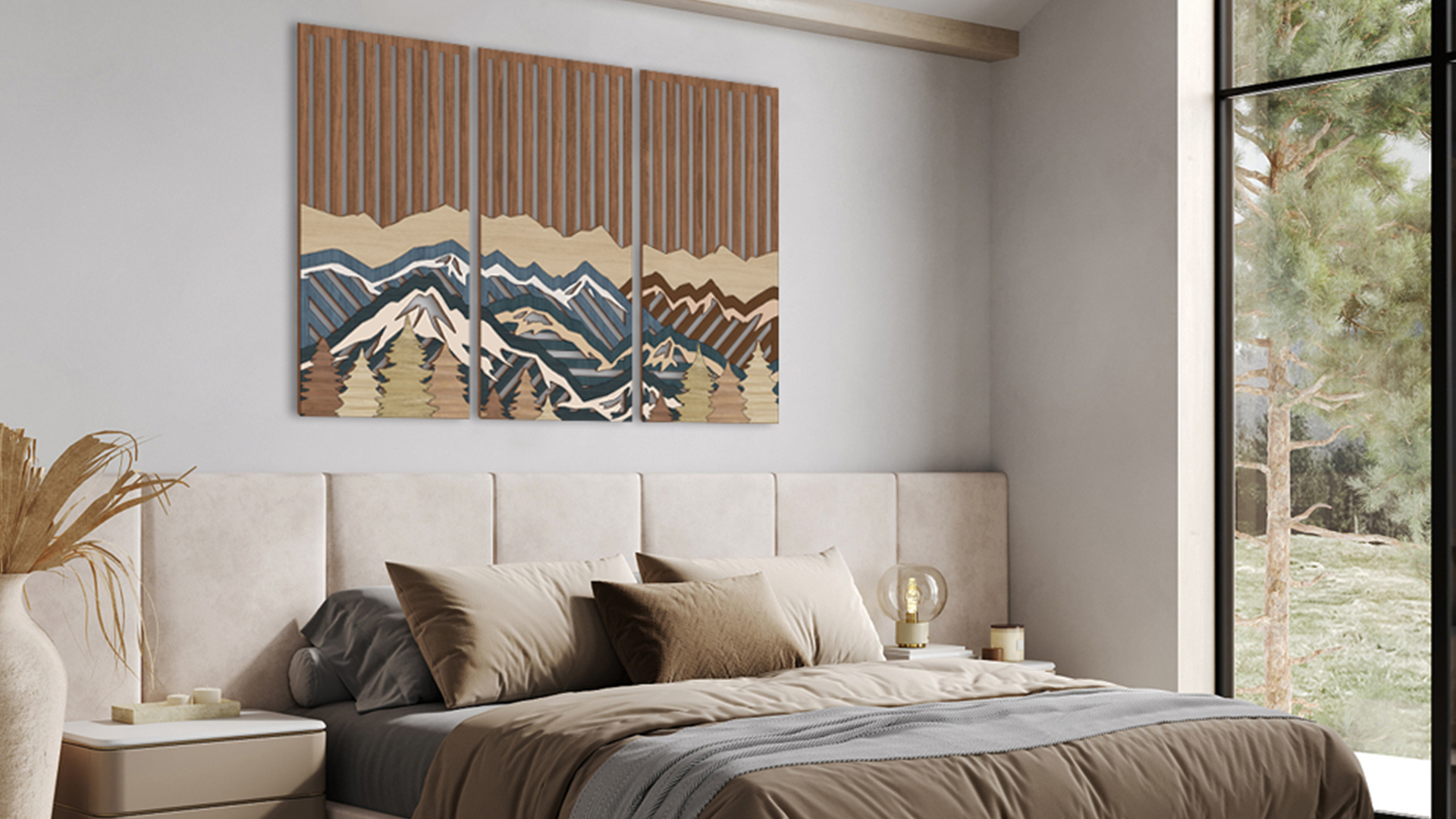 thumbnail video image 2 of HPNIUB Modern Mountain Wooden Wall Art Nature Landscape Sculpture Wood Wall Decor Set of 3 for Living Room Bedroom Office 16x32 Inch, 2 of 9