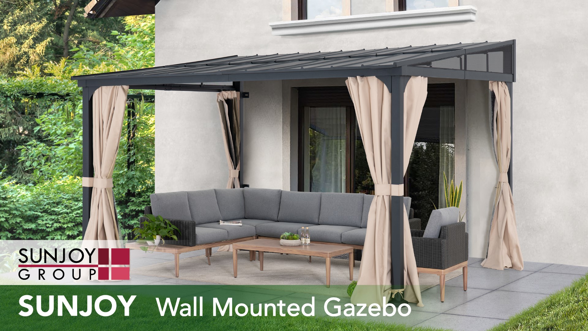 thumbnail video image 2 of Sunjoy 10 x 12 ft Wall-Mounted Gazebo with Powder Coated Steel Roof, Black Aluminum & Metal Frame Lean to Gazebo with Curtains and Netting, 2 of 17