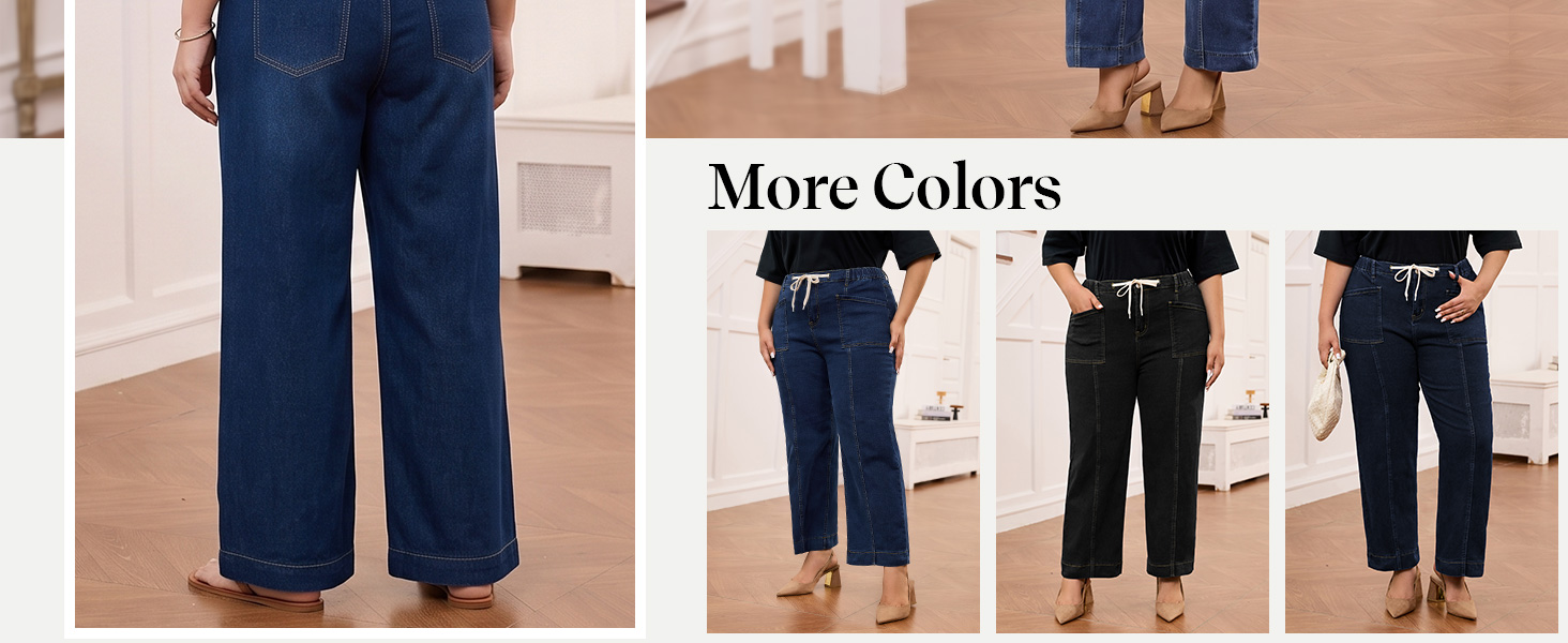 thumbnail video image 2 of NAYTOAO Plus Size Wide Leg Denim Jeans for Women, Elastic Waist Drawstring Casual Pants with Front Patch Pockets, 2 of 8