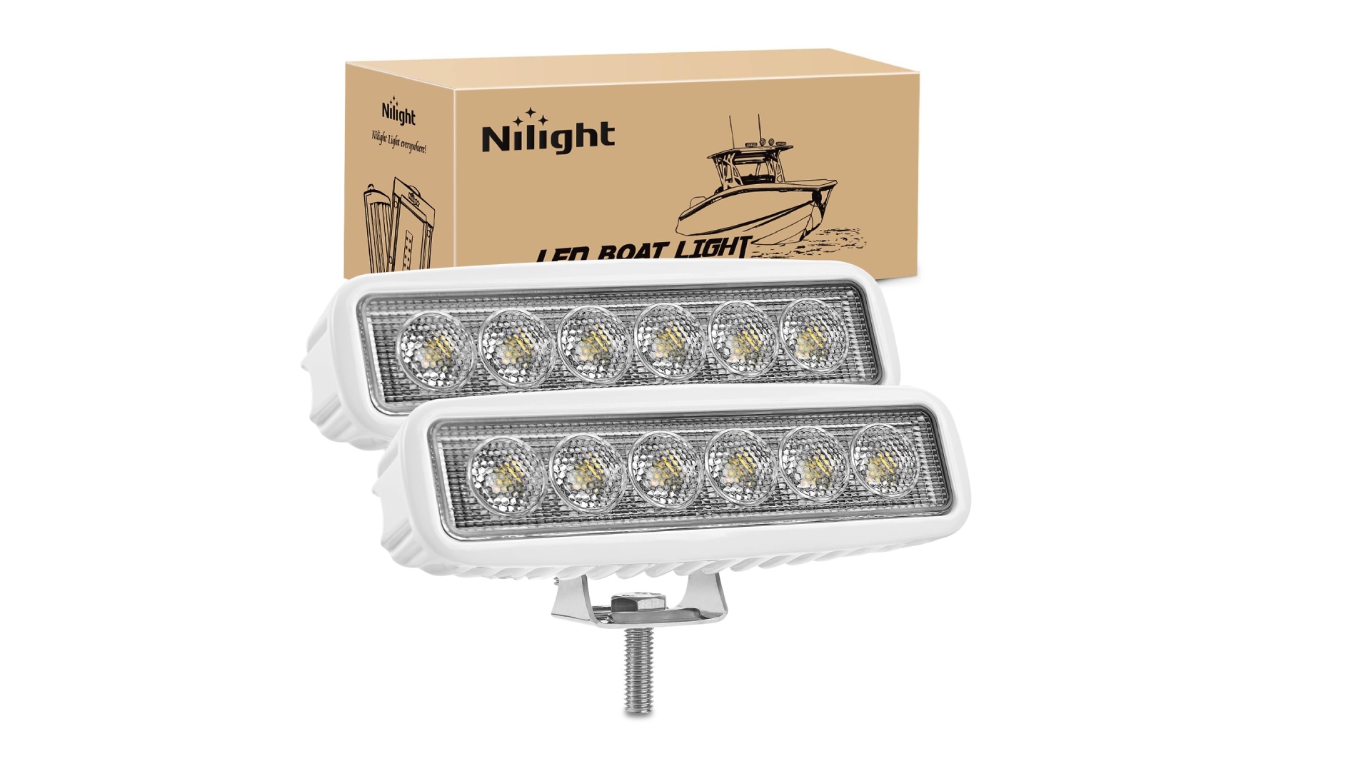thumbnail video image 2 of Nilight Marine Led Light Bar 2PCS 18w White 150° Flood Beams Ponton Boat Deck Dock Lights IP67 Waterproof for Night Fishing T-top Stern Yacht Kayak Port Sailboat, 2 Years Warranty, 2 of 7