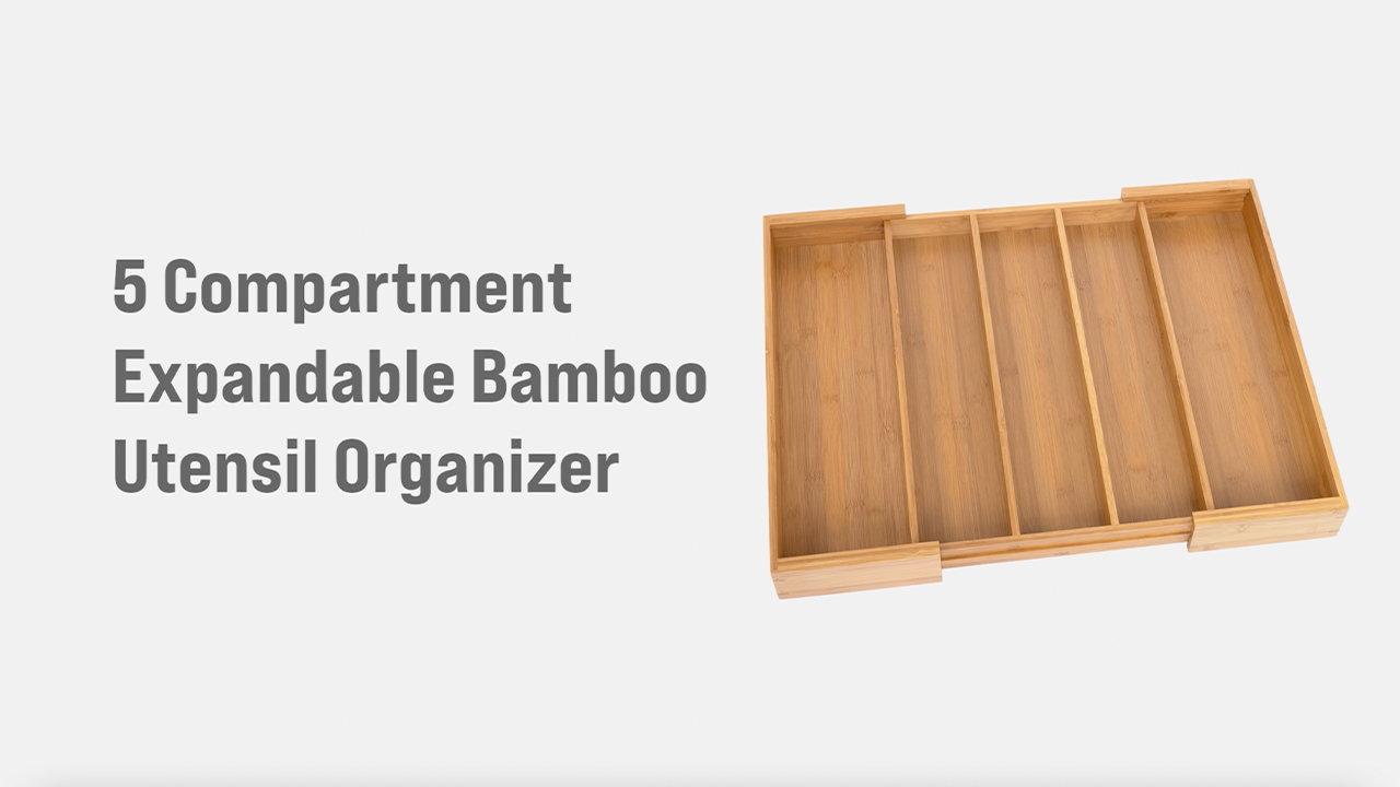 thumbnail video image 2 of Bamboo Expandable 5 Large Compartment Adjustable Cutlery Drawer Tray Organizer, 2 of 12
