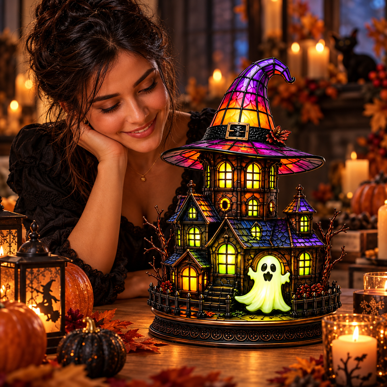 thumbnail video image 2 of Kuokaa Halloween Witch Hat Night Light with Colorful Acrylic Display and Soft Decorative Glow, Small Seasonal Lamp adding Spooky Shape to Bedside Table Desk Mantel (Skull with Hat), 2 of 7
