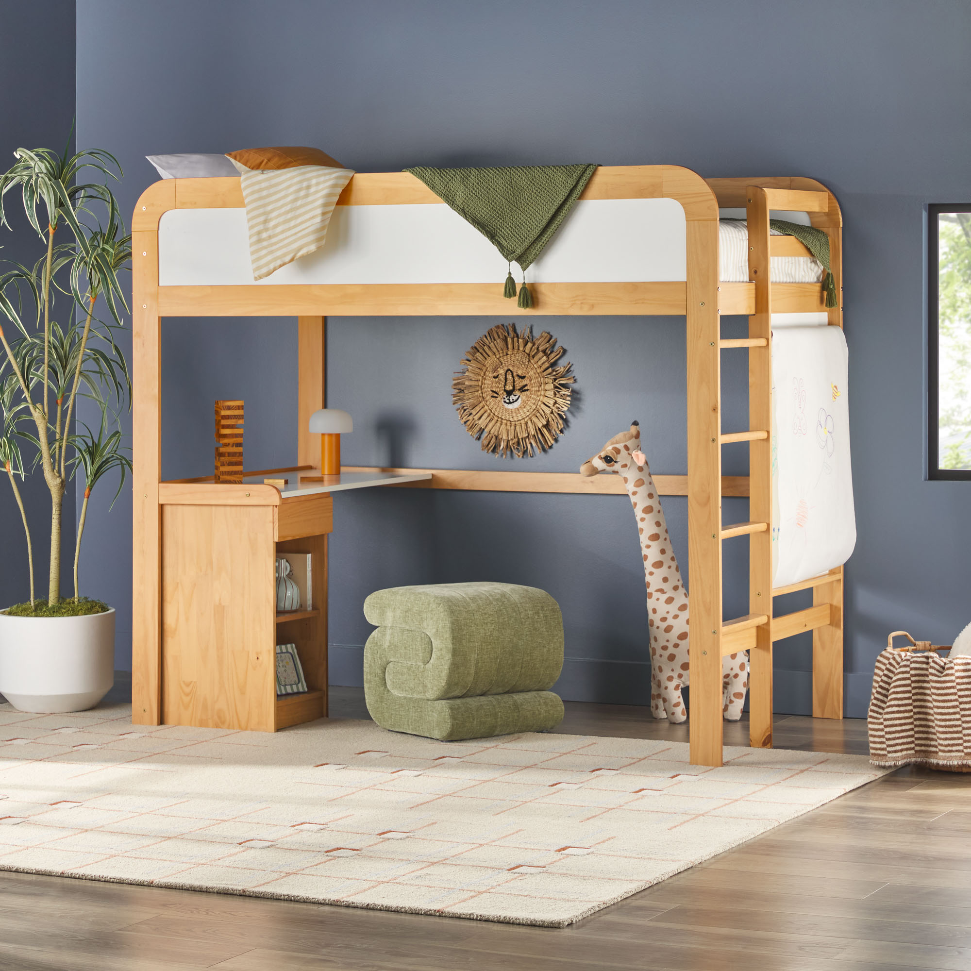 thumbnail video image 2 of Walker Edison Contemporary Twin Loft Wooden Bed with Desk, Walnut, 2 of 11