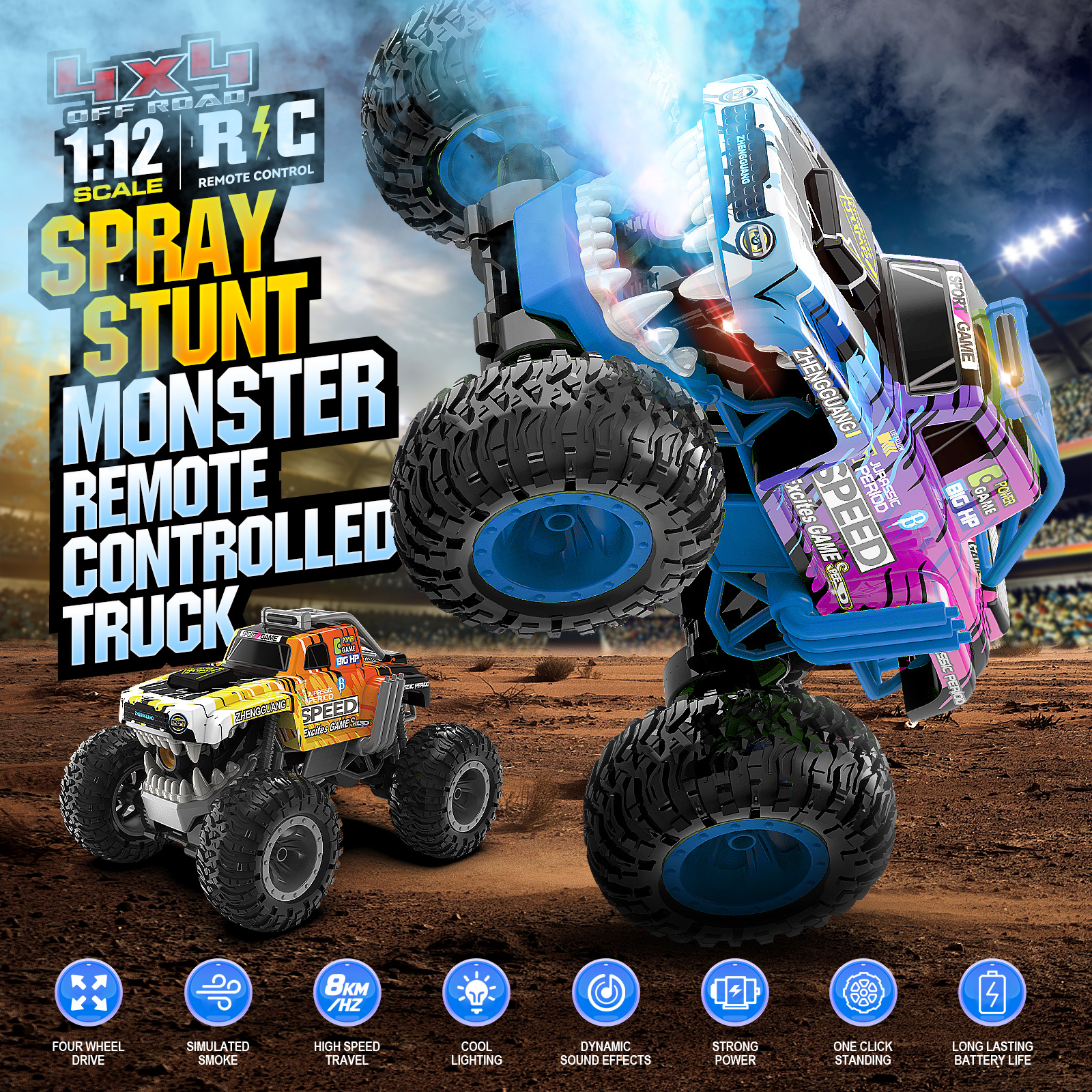 thumbnail video image 2 of RC Monster Truck for Kids 6-12, 1:12 Scale 4WD Remote Control Car with Spray Smoke, LED Lights & Sound, Full Proportional Control, Stunt RC Car with 360° Spins, Rechargeable Off Road Toy Gift, 2 of 9