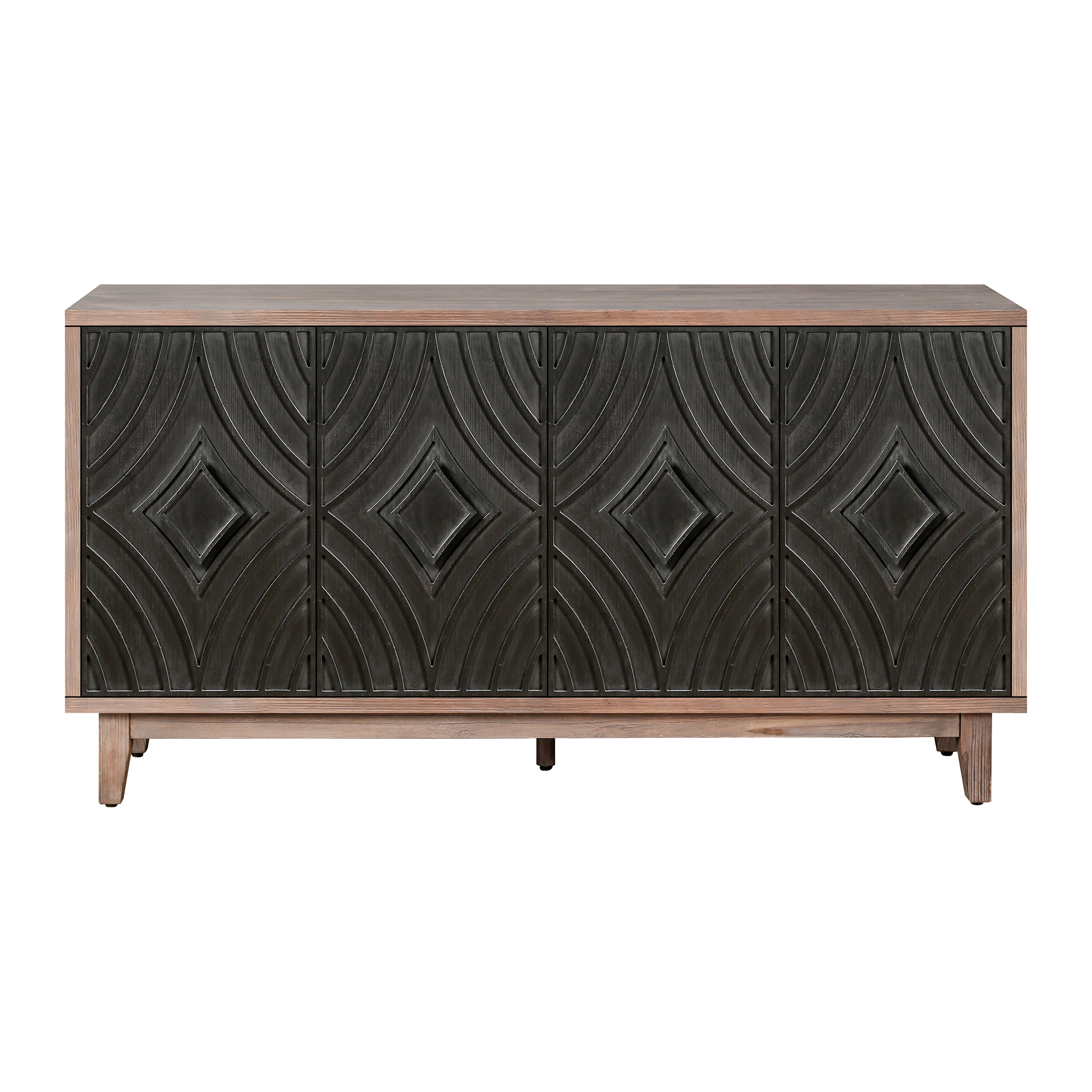 thumbnail video image 2 of Atumcto 60" Mid Century Sideboard Buffet Cabinet with 4 Convex Diamond Pattern Doors, 2 Shelves & Solid Wood Legs for Living Room, Antique Black, 2 of 10
