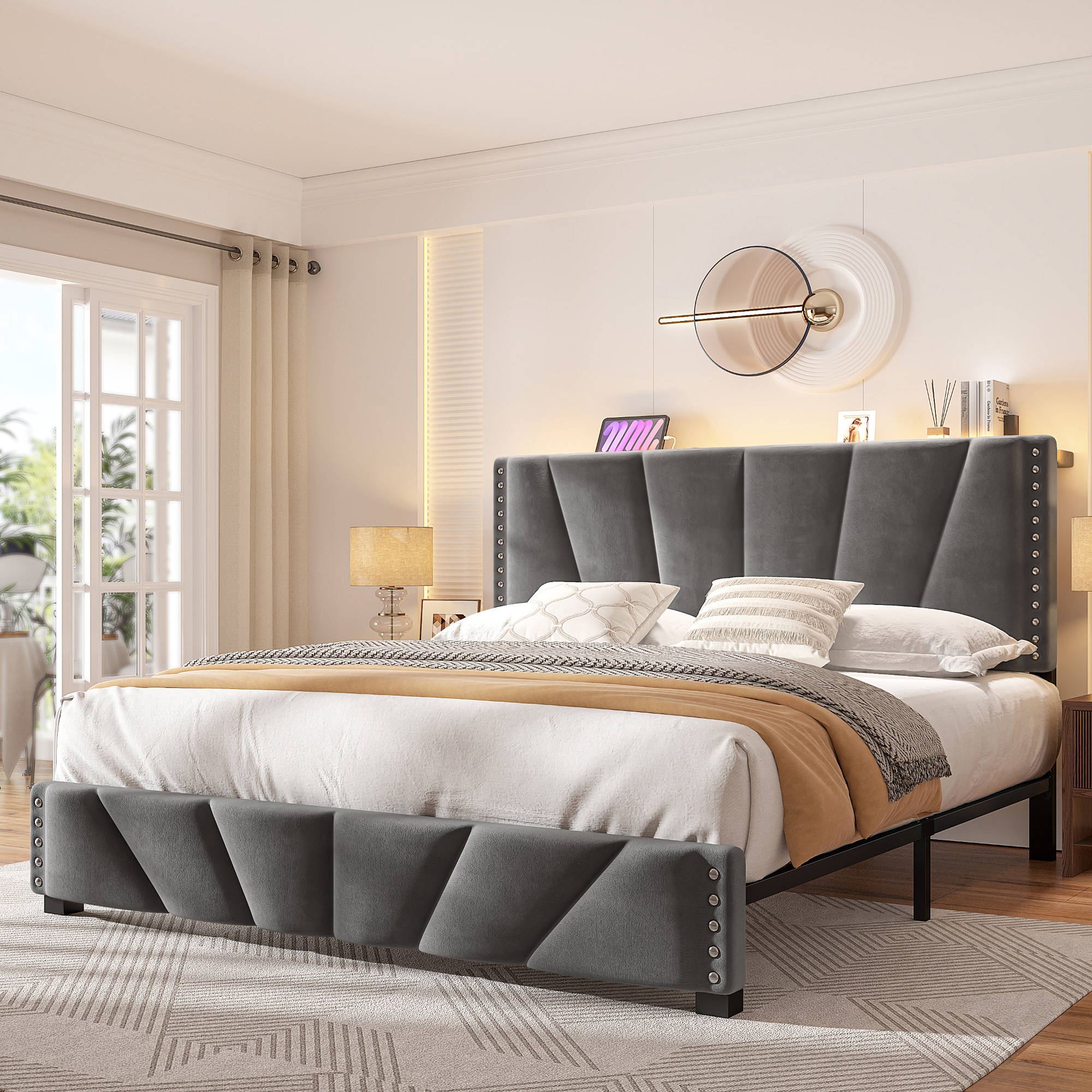 thumbnail video image 2 of EnHomee Queen Bed Frame with Adjustable Headboard Upholstered Platform Bed Frame with LED Lights & Charge Station ,Gray, 2 of 11