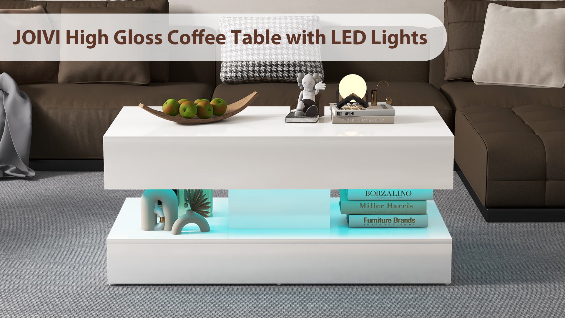 thumbnail video image 2 of JOIVI High Gloss Coffee Table with 2 Storage Drawers, Modern LED Coffee Table, 2 Tiers Rectangle Center Table, 16-Color LED Lights, White, 2 of 9