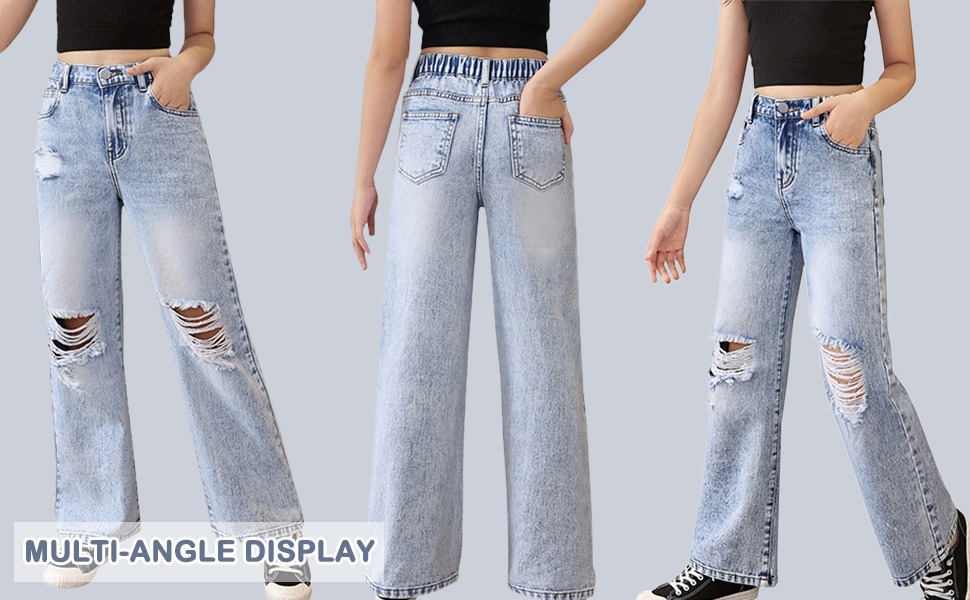 thumbnail video image 2 of KVPLBQFD Girls Baggy Jeans Elastic Waist Casual Denim Pants for Kids Distressed Washed Denim Jeans Tween Trendy Loose Fit Trousers Girl Spring Summer Clothes, 2 of 6