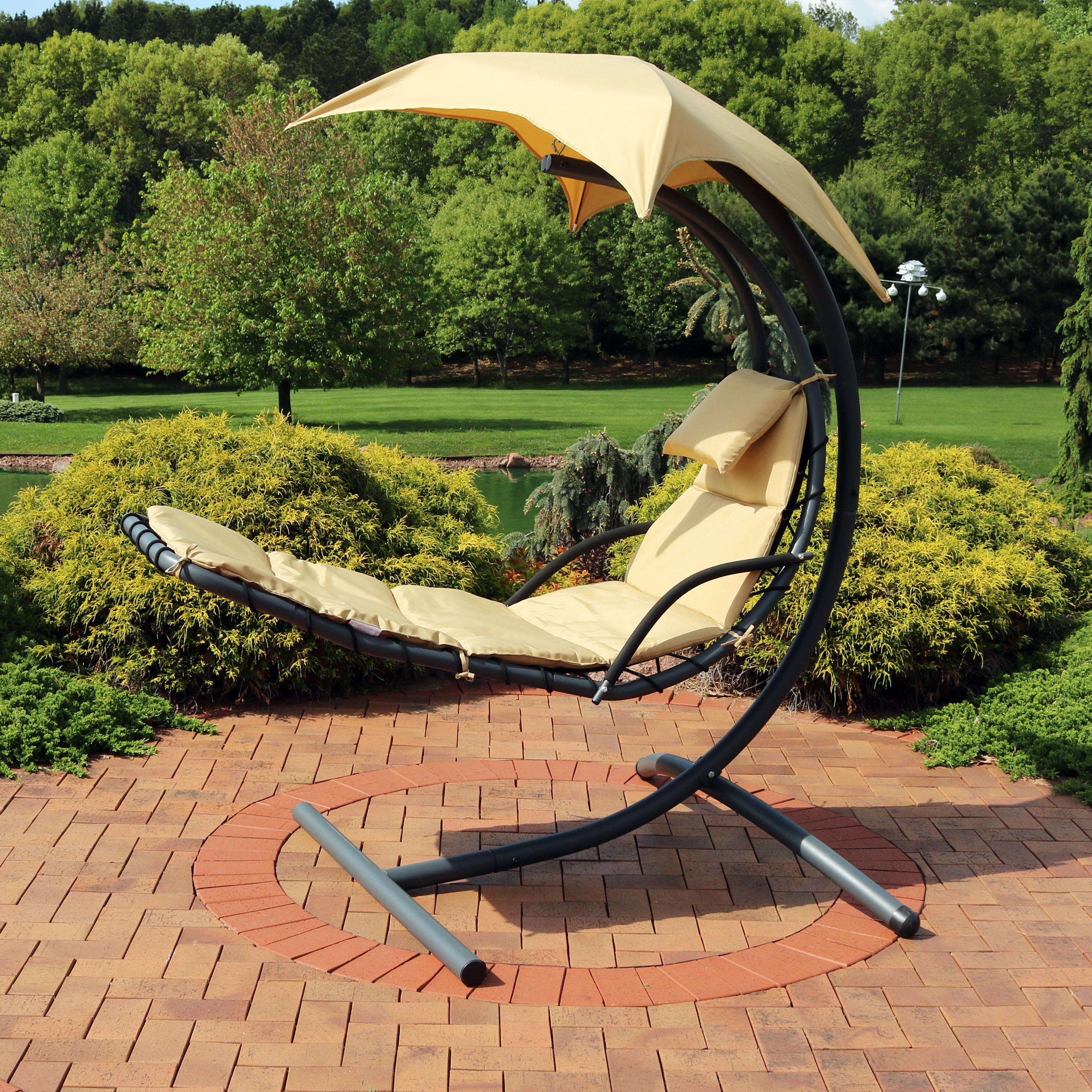 thumbnail video image 2 of Sunnydaze Steel Outdoor Floating Chaise Lounge Chair with Stand and Canopy, Beige, 2 of 10
