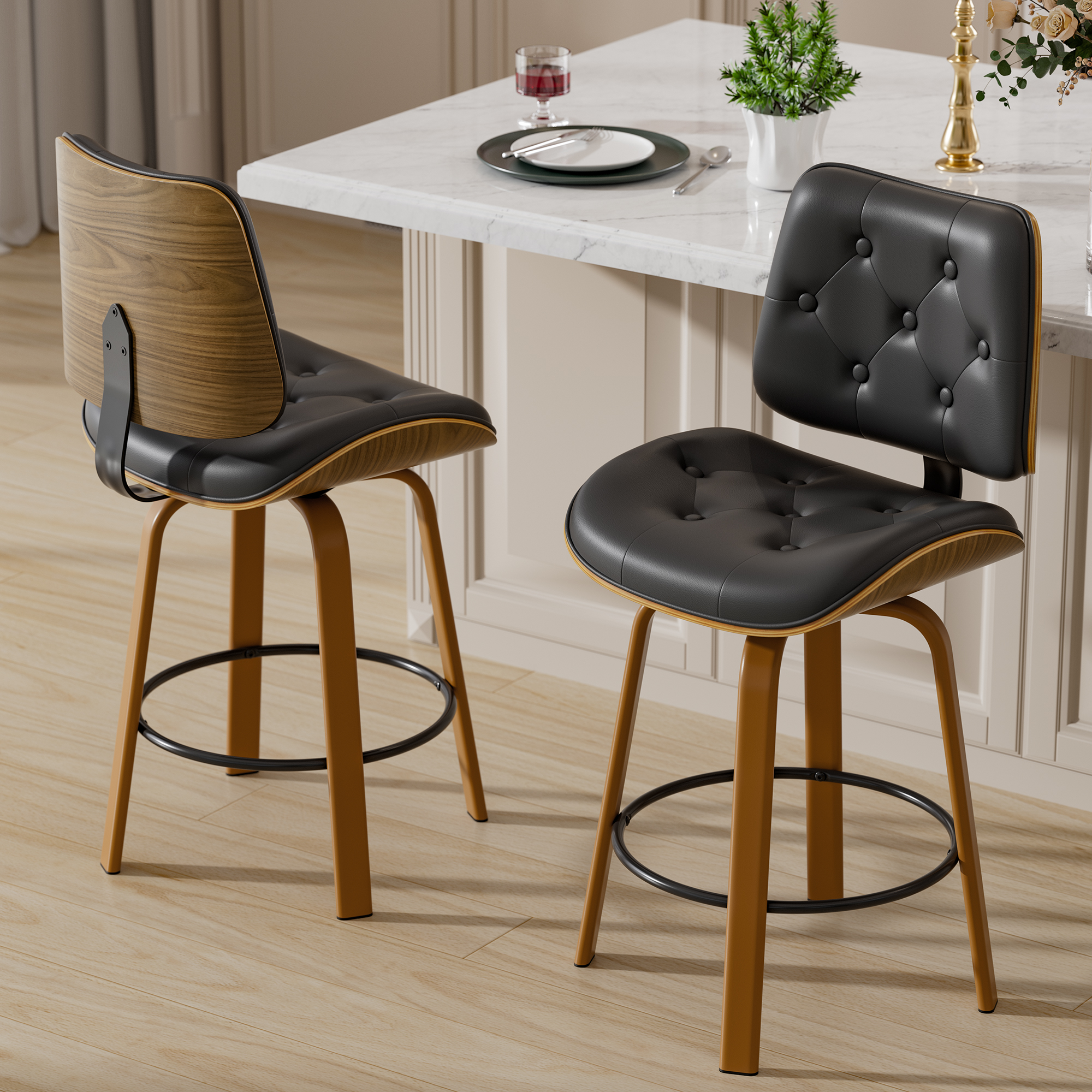 thumbnail video image 2 of Ninecer Counter Height Bar Stools Set of 2, 26 Inch Swivel BarStools with Curved Bentwood Backrest, PU Leather Bar Chairs with Footrest, Mid Century Modern Bar Chair for Home Kitchen Island, Brown, 2 of 8