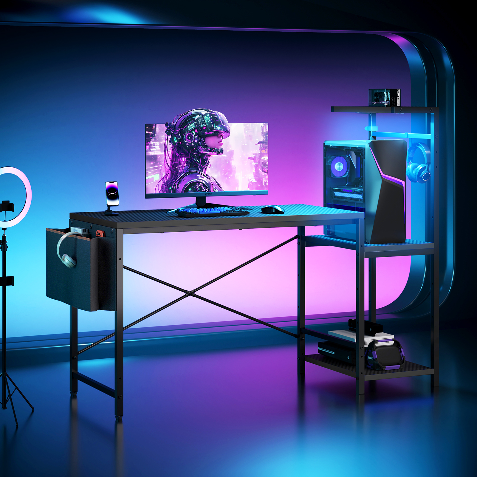 RSPGAME Gaming Desk with LED Lights, 61'' Large Computer Desk with ...