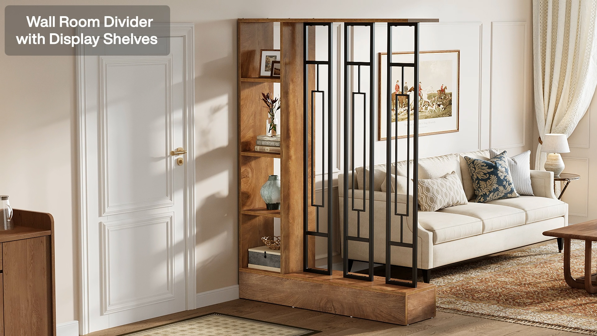 thumbnail video image 2 of Finmind Wall Room Divider with Display Shelves, 70.9" Modern Freestanding Wall Partition with Sturdy Base, for Home & Office, Brown & Black, 2 of 9
