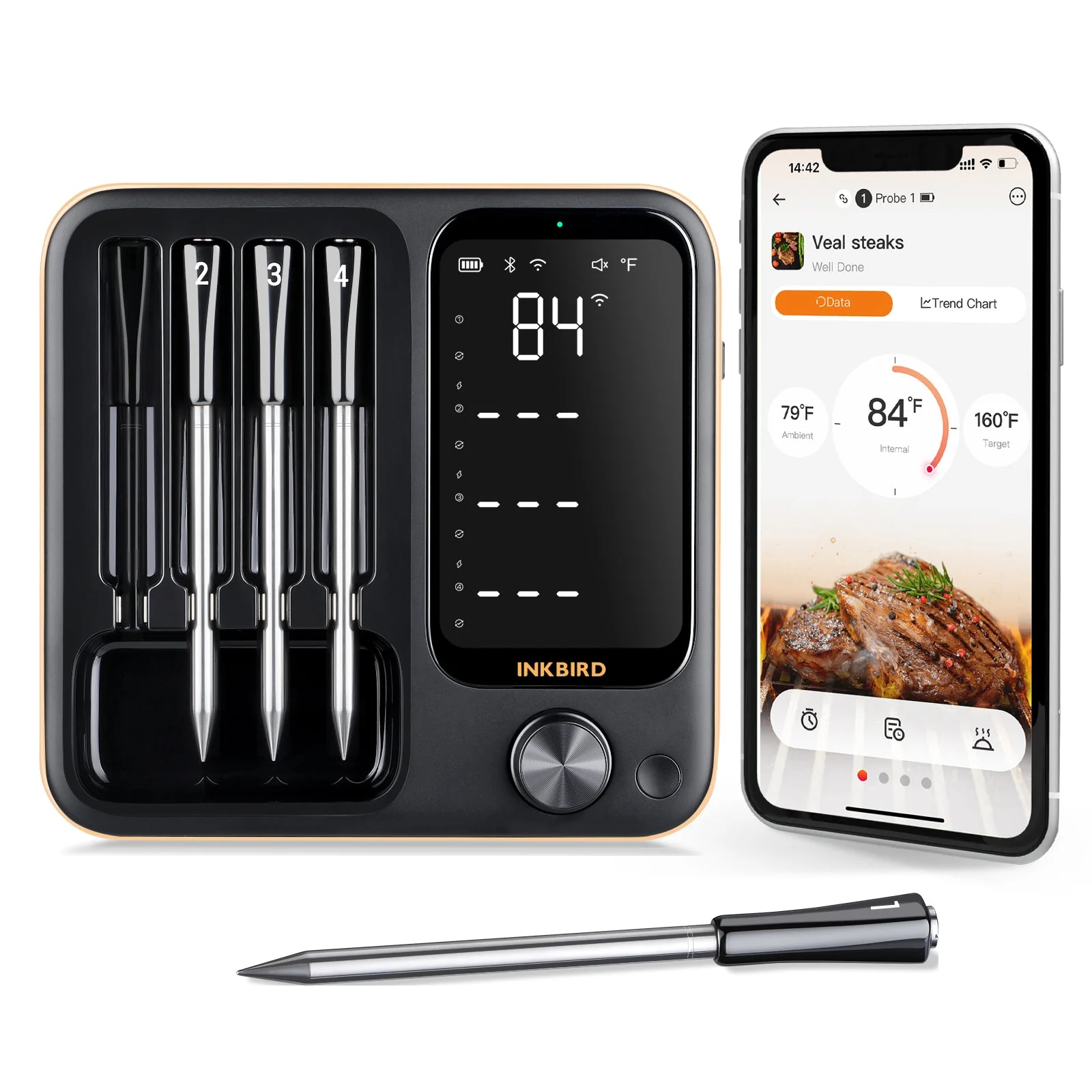 thumbnail video image 2 of Wireless Meat Thermometer Cooking,Barbecue Food Thermometer, Three-Mode WiFi Bluetooth Pre-alarm/Timer BBQ Oven 4-Probe, 2 of 22