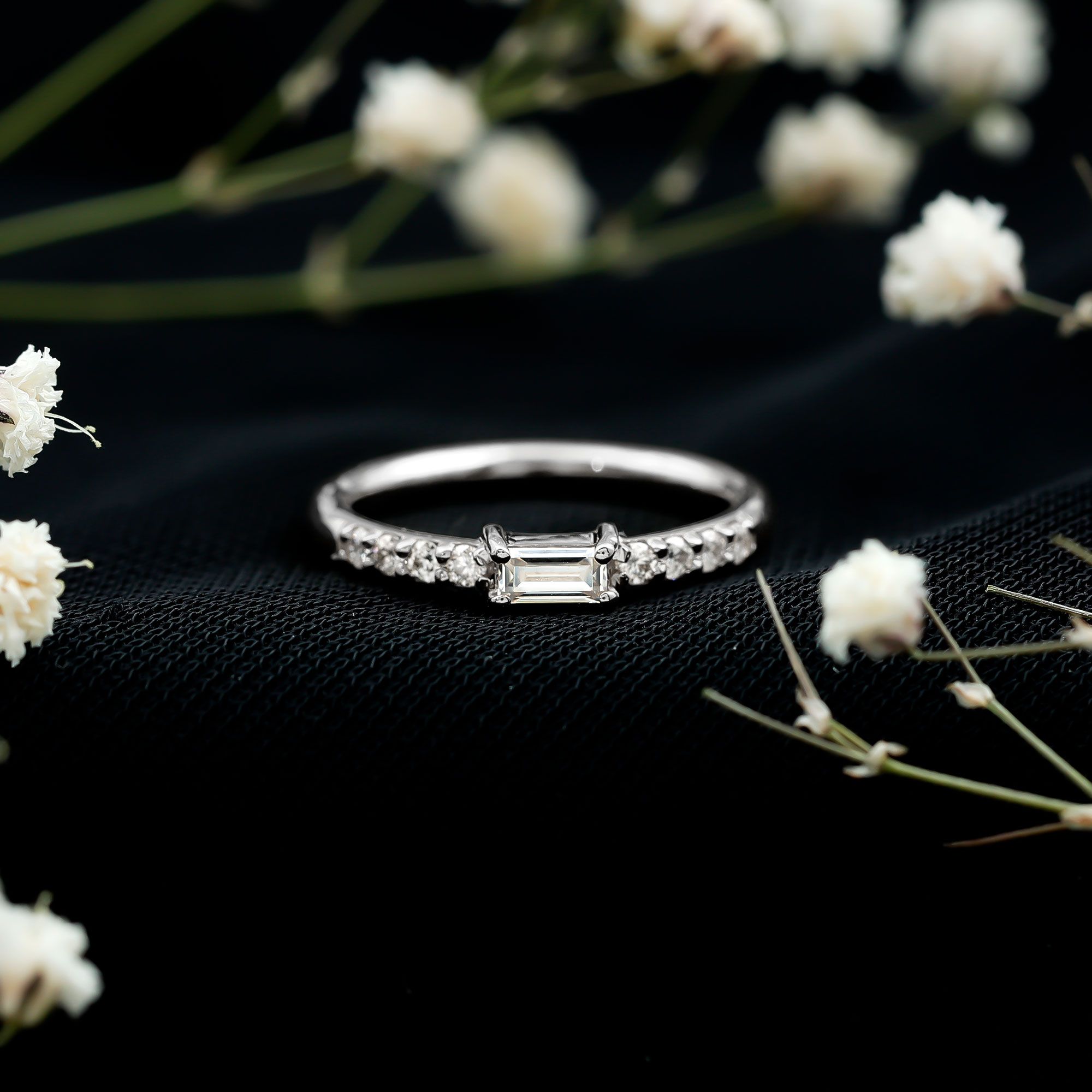 thumbnail video image 2 of Stackable Moissanite Ring for Women, Round and Baguette Moissanite Minimal Ring (D Color VS1 Clarity, Rosec Jewels), 18K Yellow Gold, US 10.00, 2 of 8