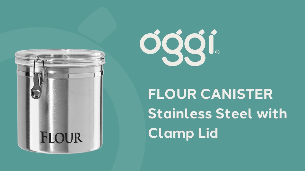 thumbnail video image 2 of Oggi Jumbo 8" Stainless Steel Flour Clamp Canister - Airtight Food Storage Container Ideal for Kitchen & Pantry Storage of Flour or other Bulk, Dry Foods., 2 of 8