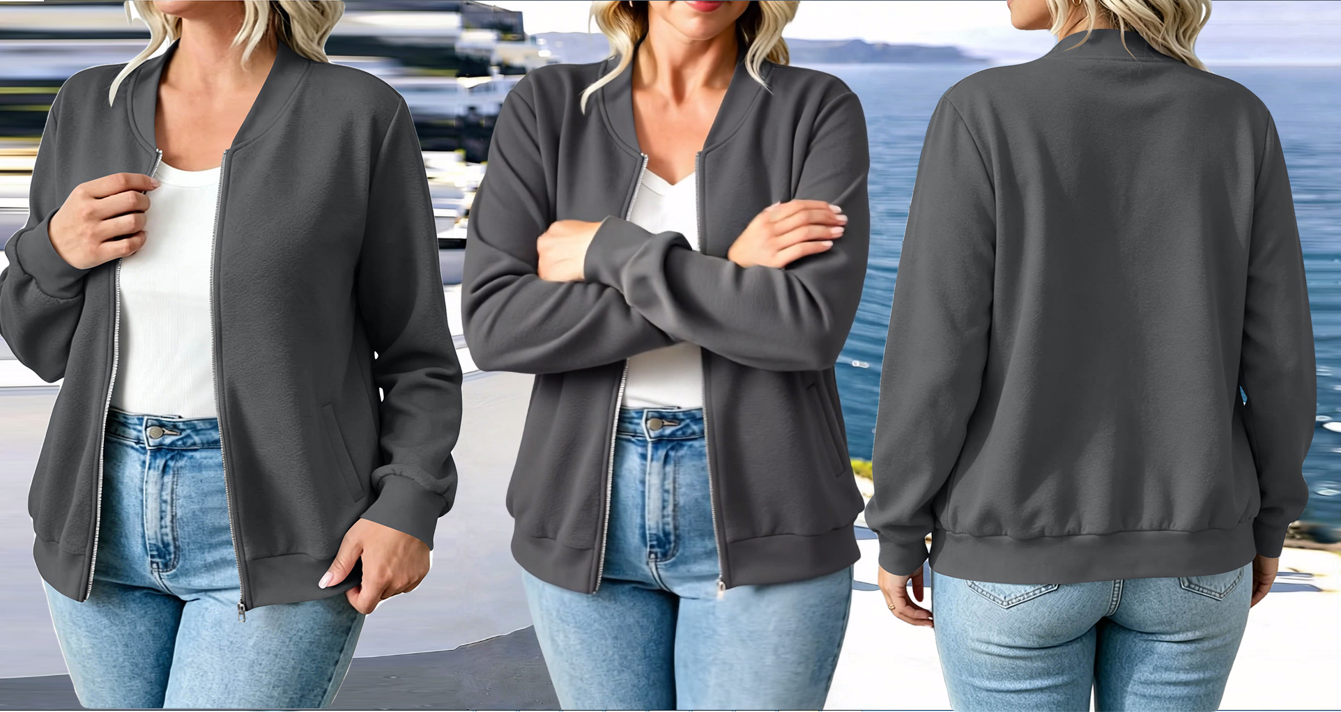 thumbnail video image 2 of LLYWEY Womens Zip-up Fleece Sweatshirt, Front Full Zipper Jackets No Hood, Fall Casual Loose Long Sleeve Sweatshirt with Side Pockets Dark Gray XL, 2 of 10