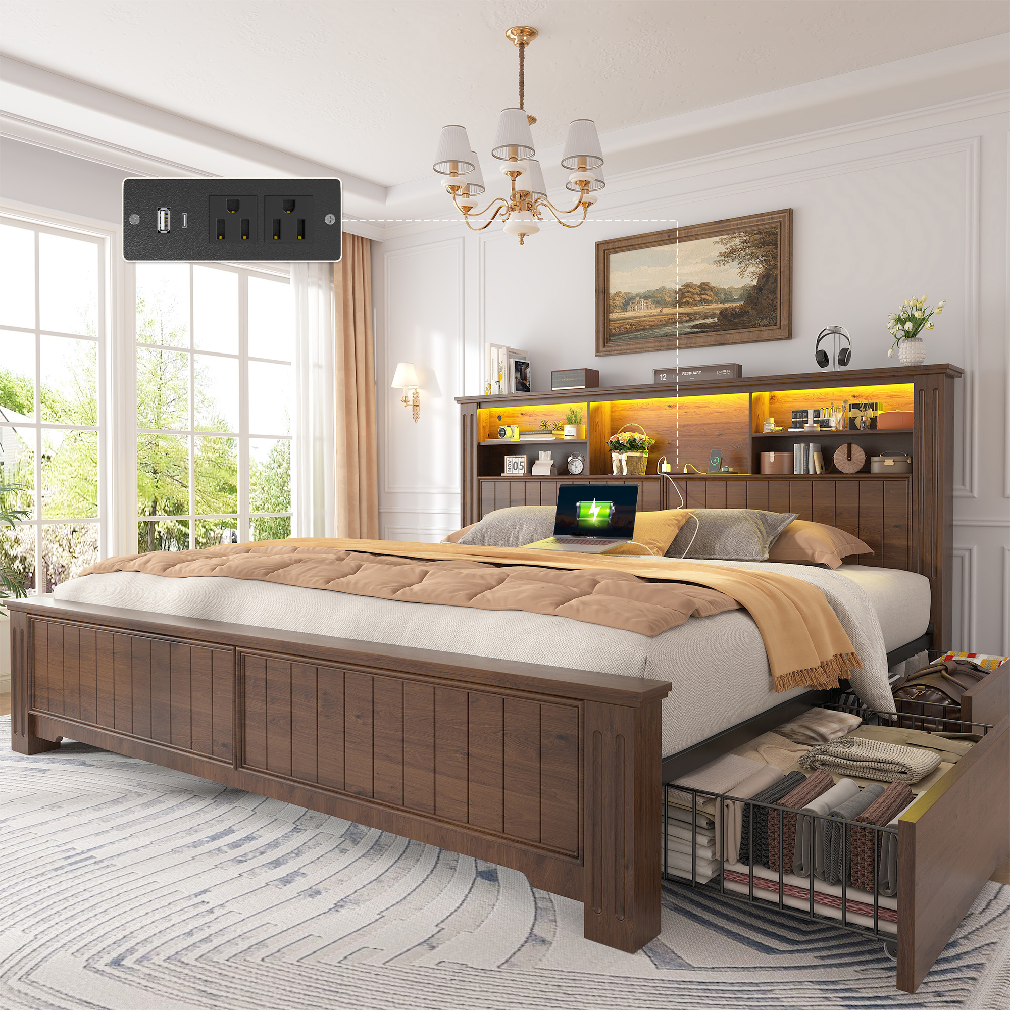 thumbnail video image 2 of EnHomee King Size Bed Frame with 4 Storage Drawers Platform Bed Frame metal with Headboard and Storage Framhouse Bed Frame with LED Lights & Charge Station, Brown, 2 of 9