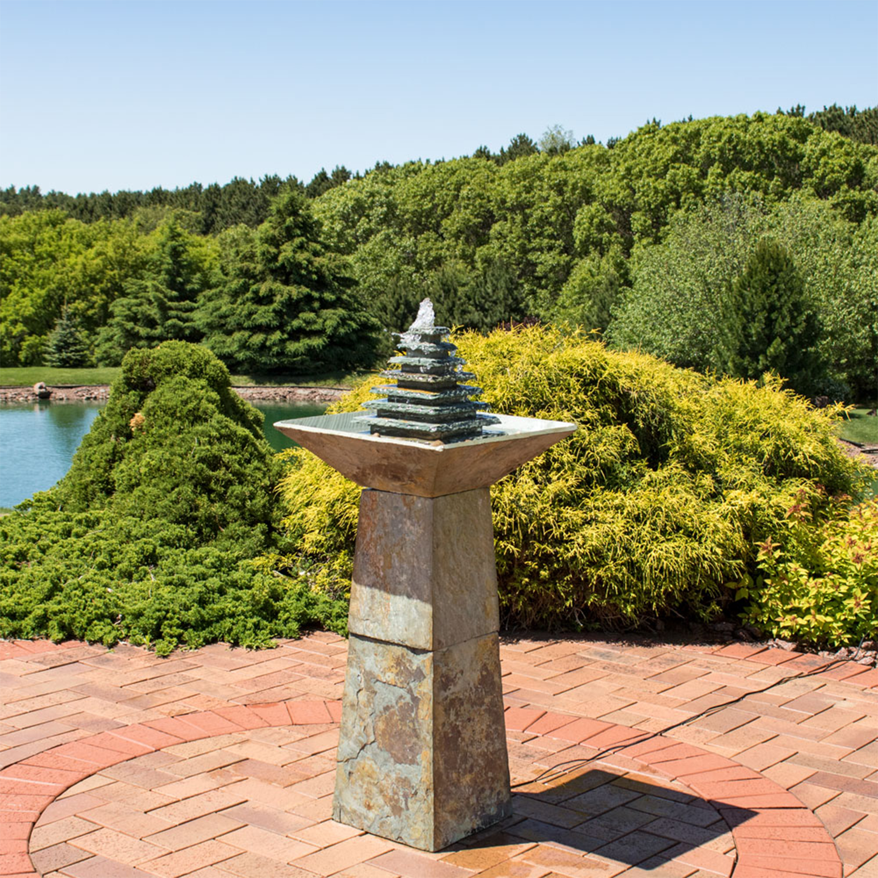 thumbnail video image 2 of Sunnydaze Layered Pyramid Slate Outdoor Water Fountain with Light, 2 of 11