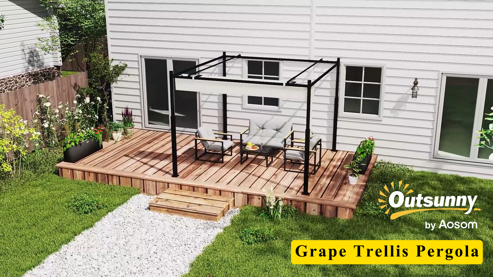 thumbnail video image 2 of Outsunny 10' x 10' Retractable Pergola with Magnetic Fixture, UPF30+ Patio Pergola, Cream White, 2 of 10