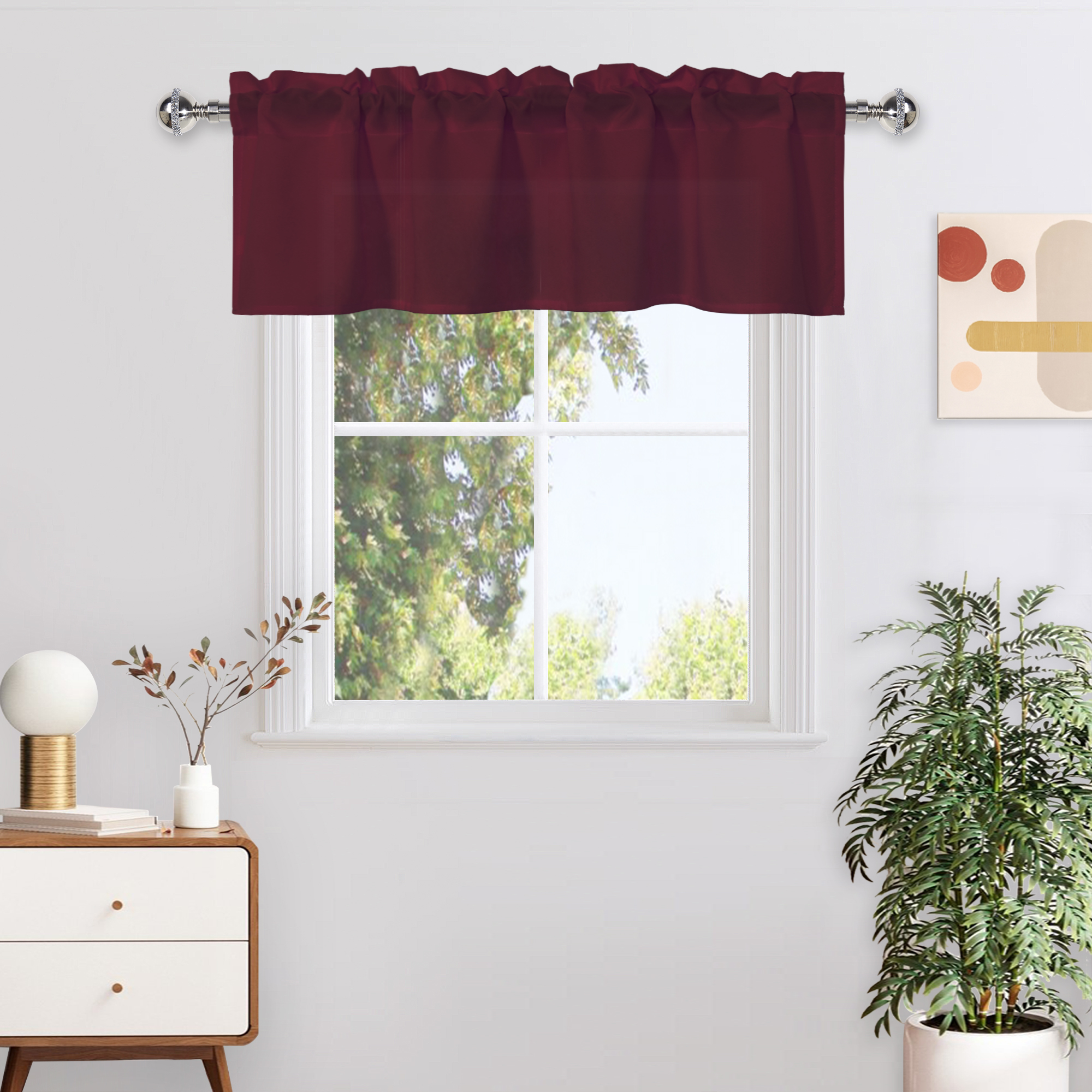 thumbnail video image 2 of XWZO Farmhouse Burgundy Valance Curtain for Kitchen, Room Darkening Rod Pocket Short Curtains for Bathroom, Window Toppers Cafe Curtain 1 Panel, W42 x L12, Burgundy, 2 of 8