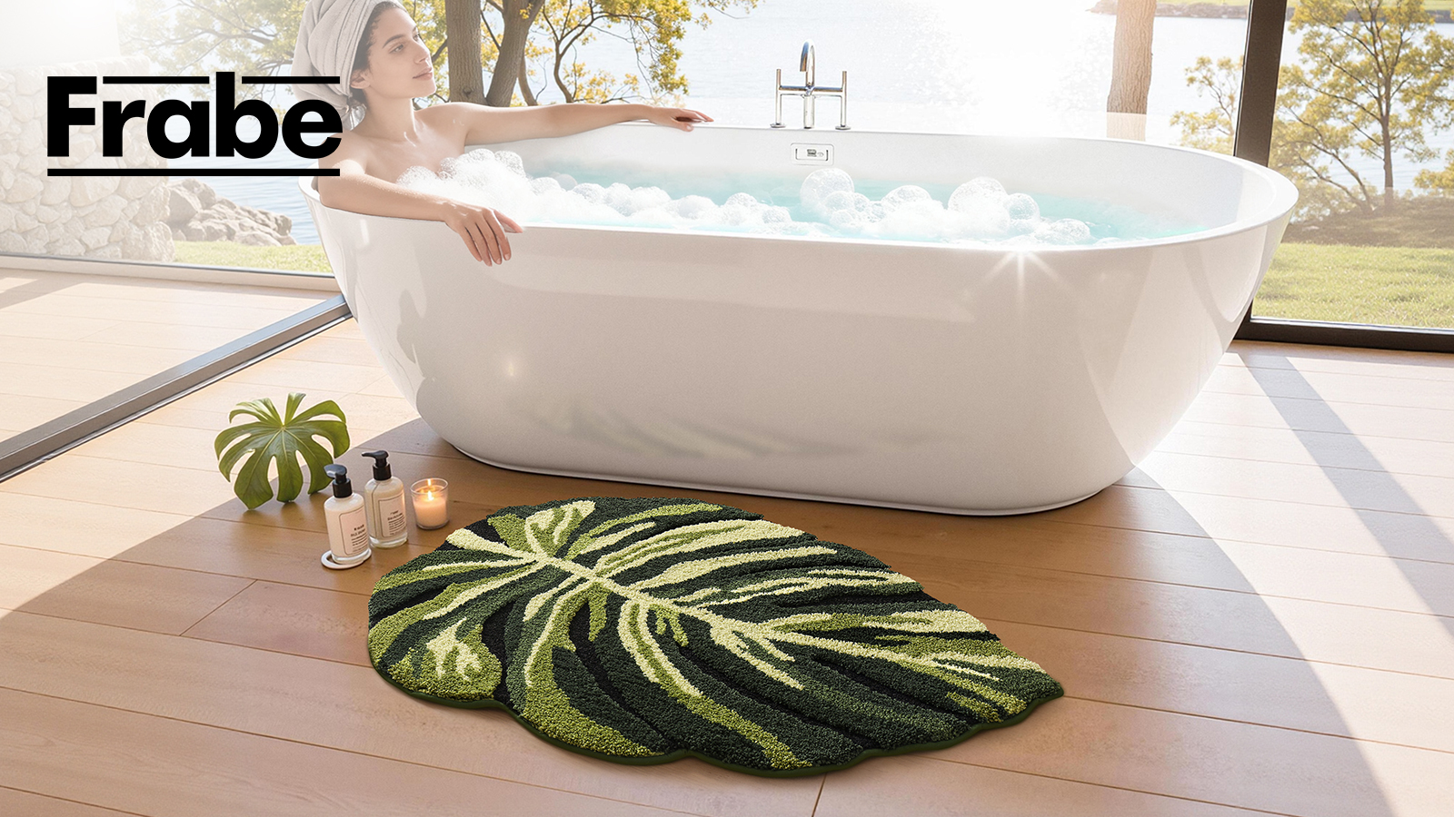 thumbnail video image 2 of FRABE Cute Bathroom Rugs with Green Dark Monstera Leaf Plant, Soft Fluffy Plush, Absorbent Non Slip Bath Mat, Machine Washable,for Shower Floor,home, Bedroom, 32"x48", 2 of 10