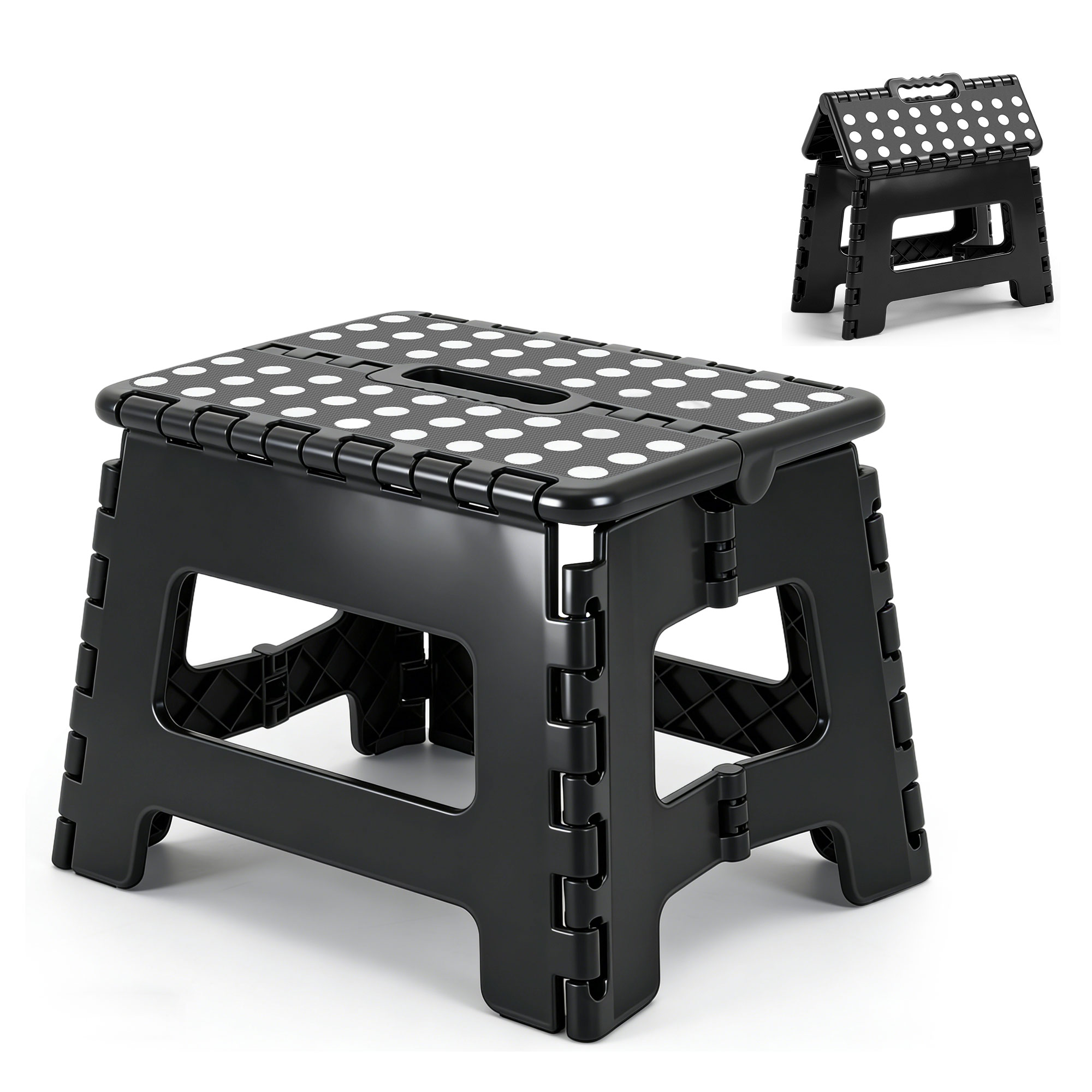 thumbnail video image 2 of JONPONY Folding Step Stool 9 Inch 300 lb Capacity, Plastic Foldable Step Stools for Adults, Folding Stools Suitable for Kitchen, Stepping Stool with Handle BLACK 1PC, 2 of 8