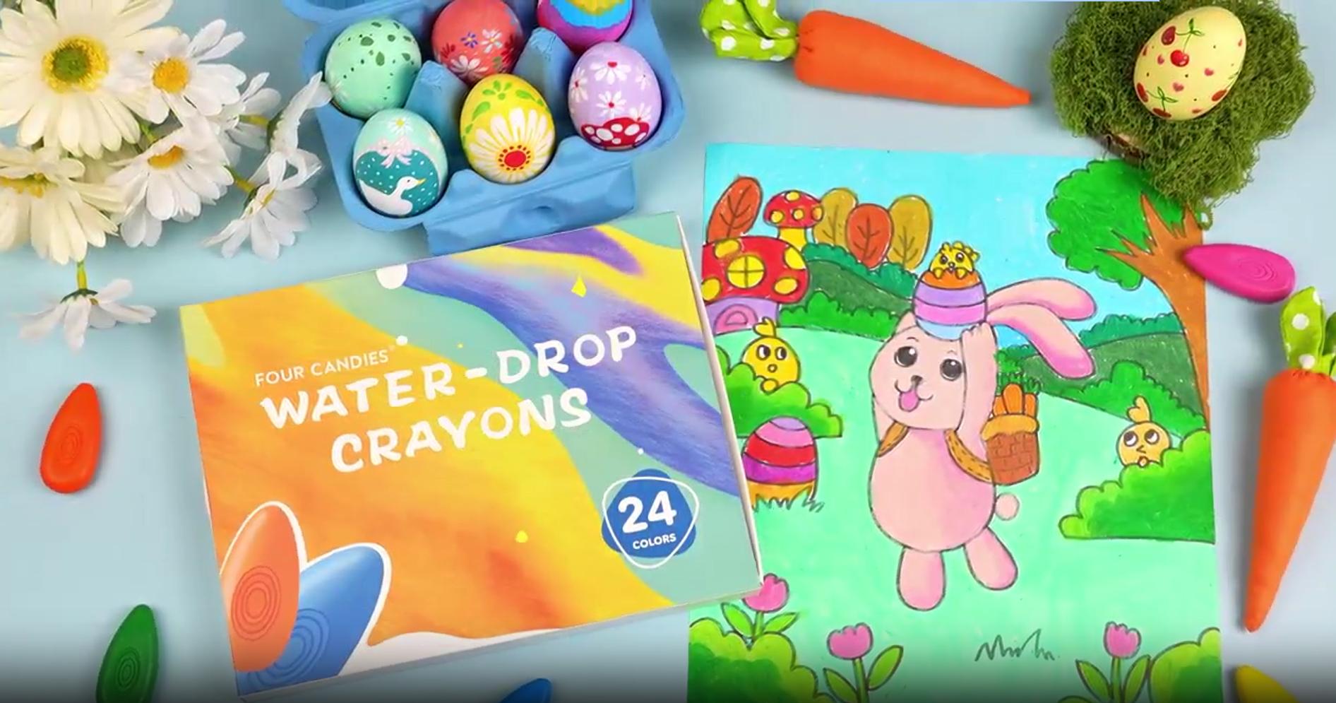 thumbnail video image 2 of Four Candies Toddler Crayons 24 Count, Non Toxic Washable Crayons for Kids, Unbreakable Easy-Grip Water-Drop Crayons, Perfect for Little Hands, Toddler Coloring & Art Supplies, 2 of 6