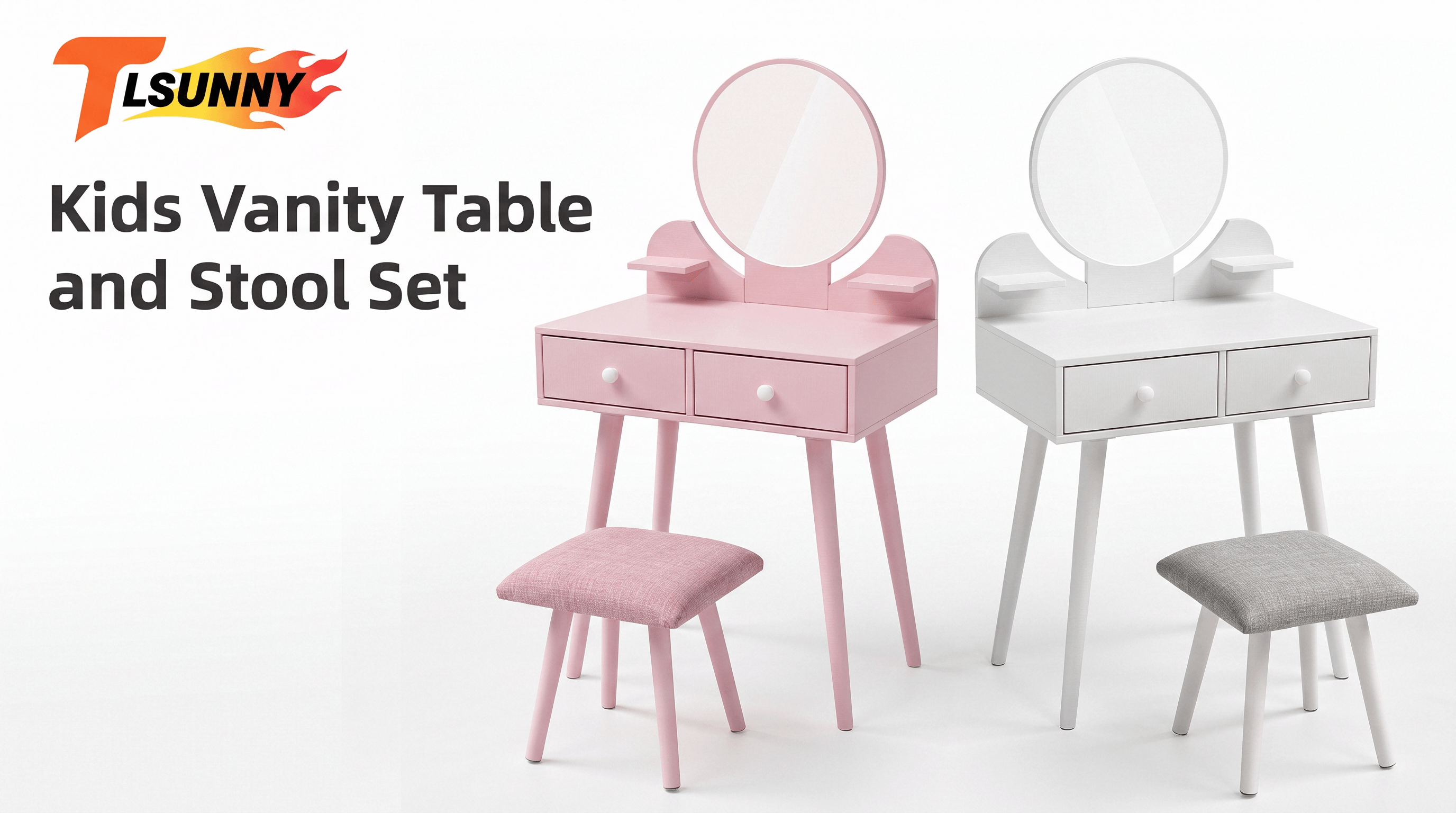 thumbnail video image 2 of TLSUNNY Kids Vanity Table and Stool Set, Use for Study Desk, Toddler Wooden Makeup Desk with Mirror, Drawers, Shelves, for Girls Age 3+, 2 of 10