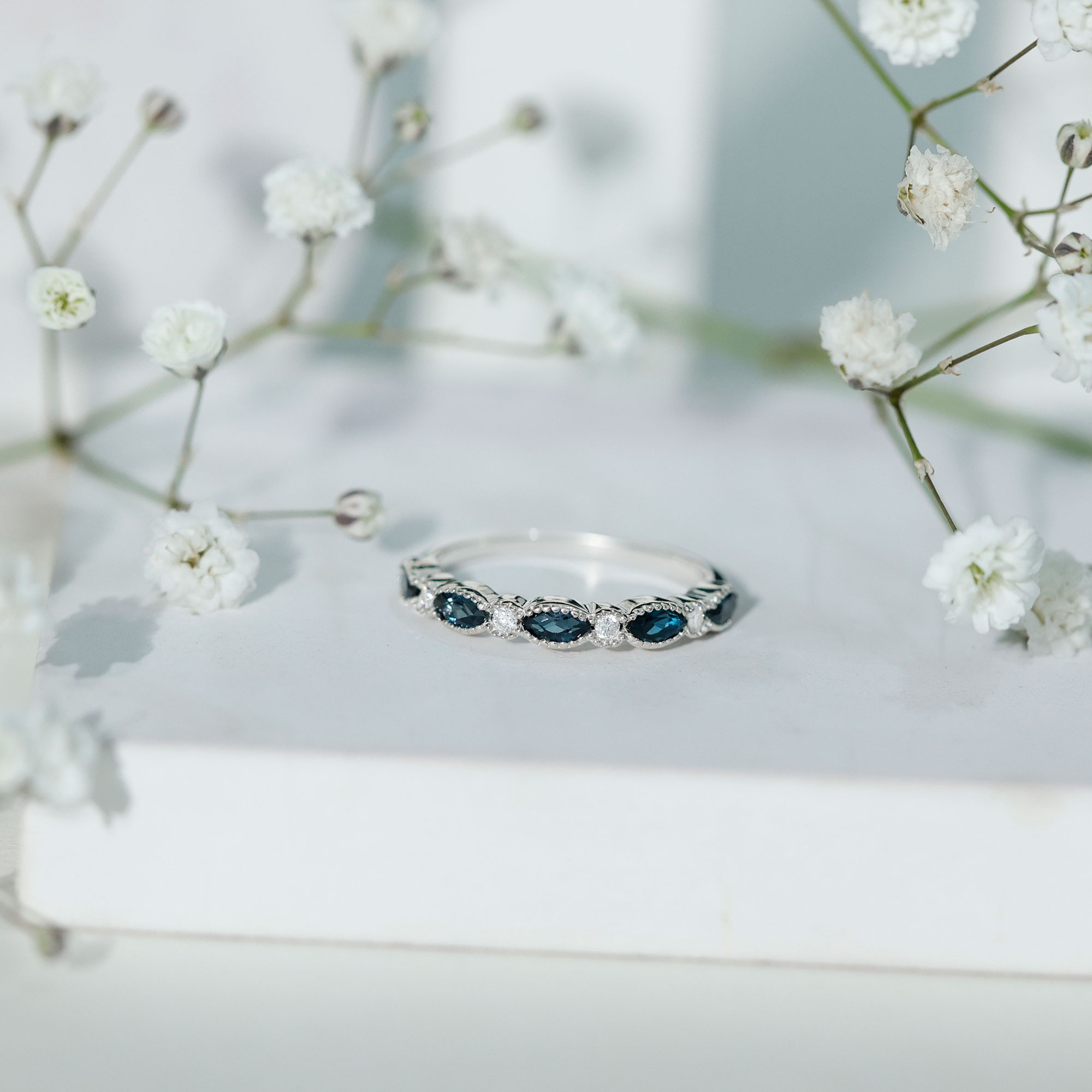thumbnail video image 2 of Rosec Jewels London Blue Topaz Anniversary Ring with Moissanite - Minimalist Half Eternity Ring - with Jewelry Box, 925 Sterling Silver, US 8.50, 2 of 9