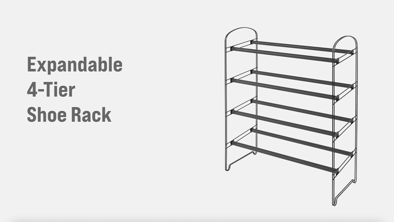 thumbnail video image 2 of Seville Classics Expandable and Adjustable Sturdy Shoe Rack Organizer, for Bedroom, Closet, Entryway, Hallway, Black, 4-Tier, 2 of 10