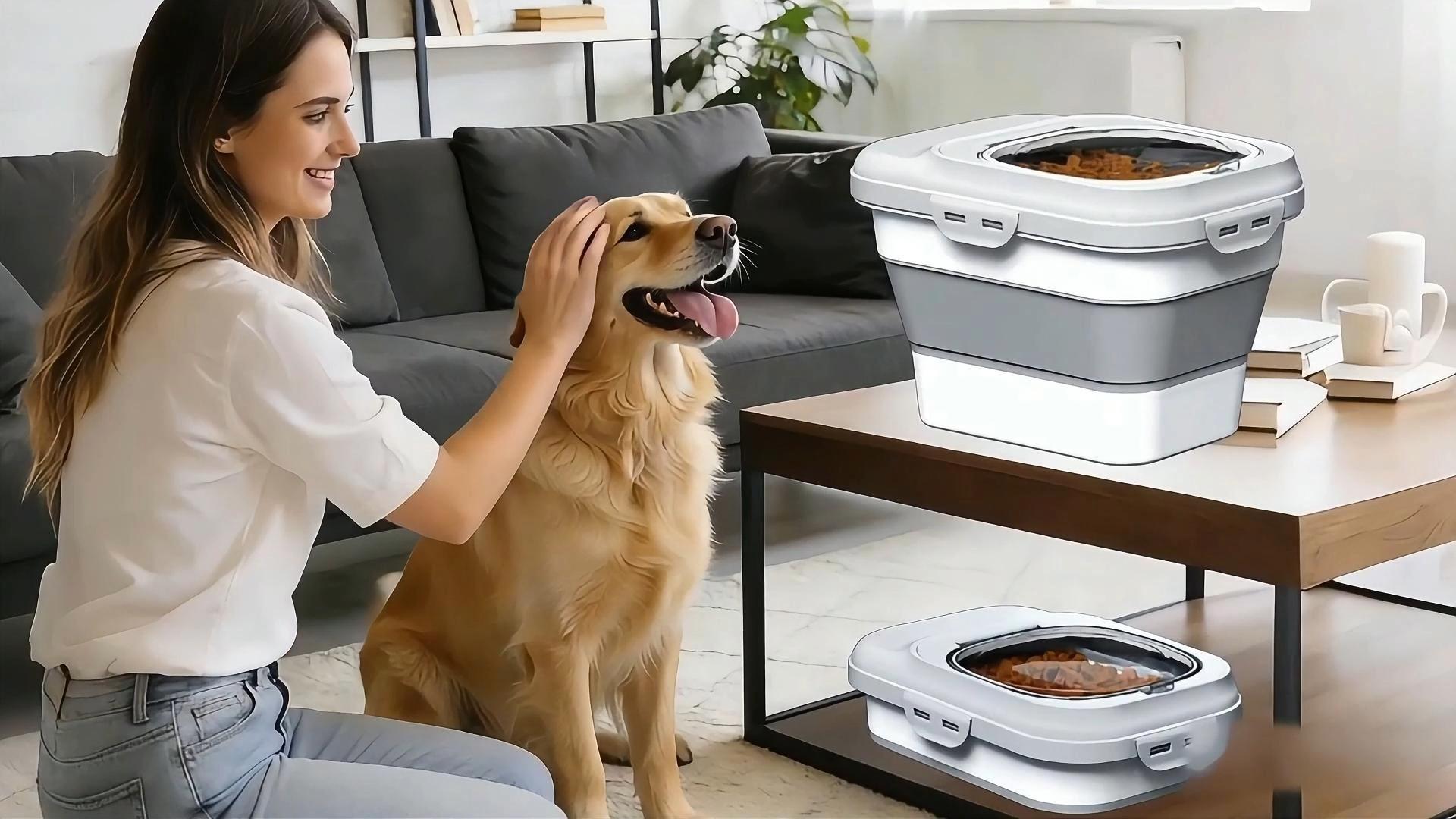 thumbnail video image 2 of TIOVERY Dog Food Storage Container Small, 10-13lbs Collapsible Dog Cat Food Containers with Airtight Clear Flip-top and Pet Food Scoop, Pet Food Storage Container Bin for Dog Cat Bird Other Pets Grey, 2 of 8