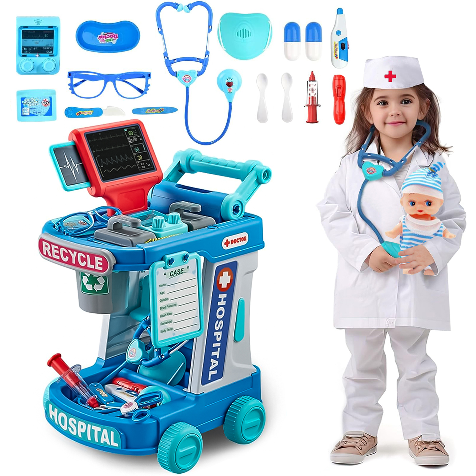 thumbnail video image 2 of Sunforu Doctor Pretend Playset for Toddlers with Cart, Costume and Stethoscope, Role Play Medical Toy for Girls Boys 3,4,5,6 Birthday Gifts, 2 of 9