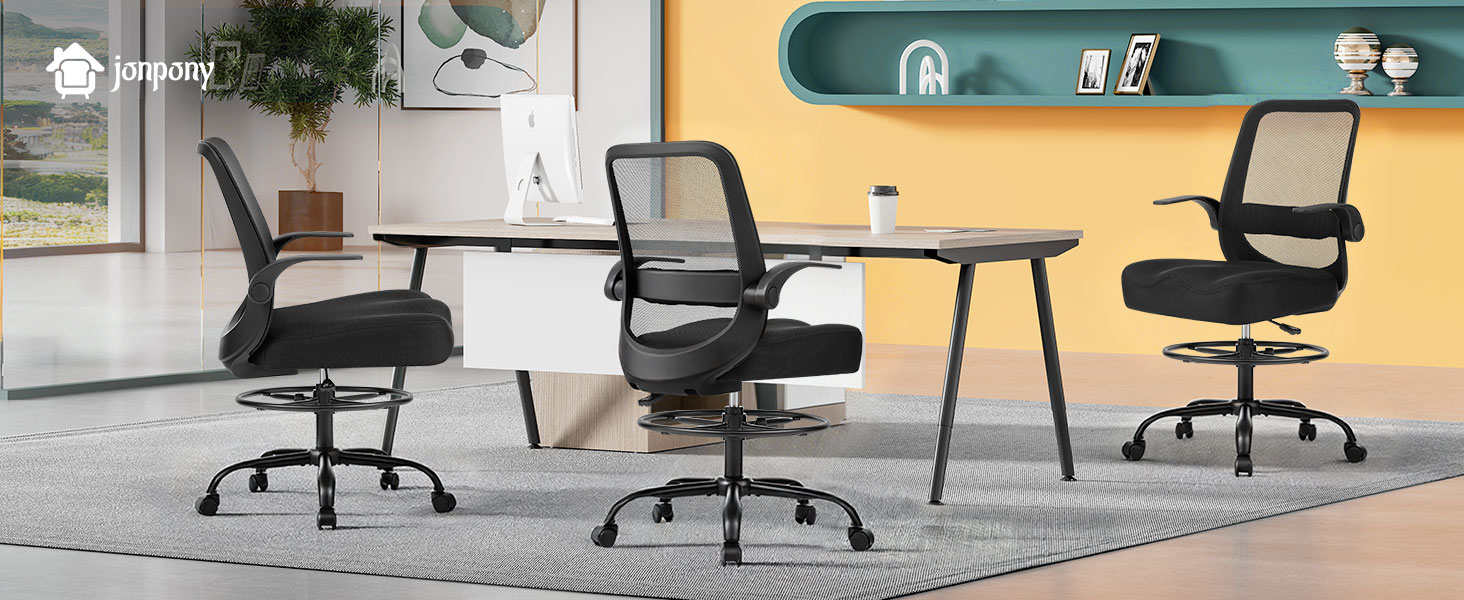 thumbnail video image 2 of JONPONY 450LBS Office Drafting Chair, Executive Rolling Swivel Chair with Adjustable Foot Ring and Flip-Up Arms, Comfy Extra Deep W-Shape Thicken Cushion, Breathable Mesh Standing Desk Chair, Black, 2 of 9