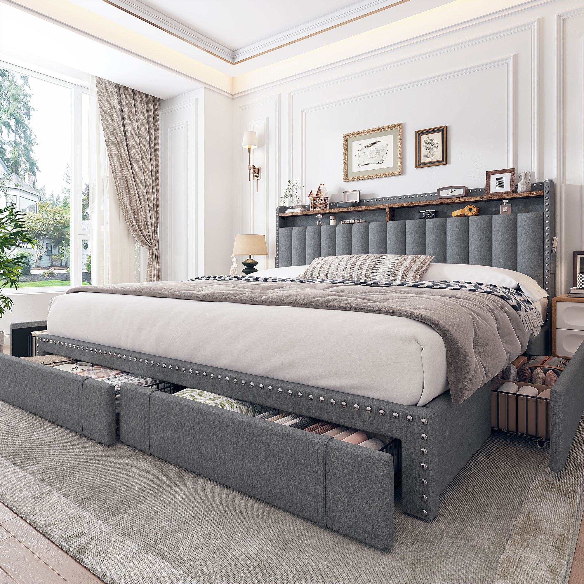 thumbnail video image 2 of EnHomee King Bed Frame with 4 Drawers & 2-Tier Storage Shelf Upholstered Bed Frame with Headboard Bed Frame with Storage, Gray, 2 of 10