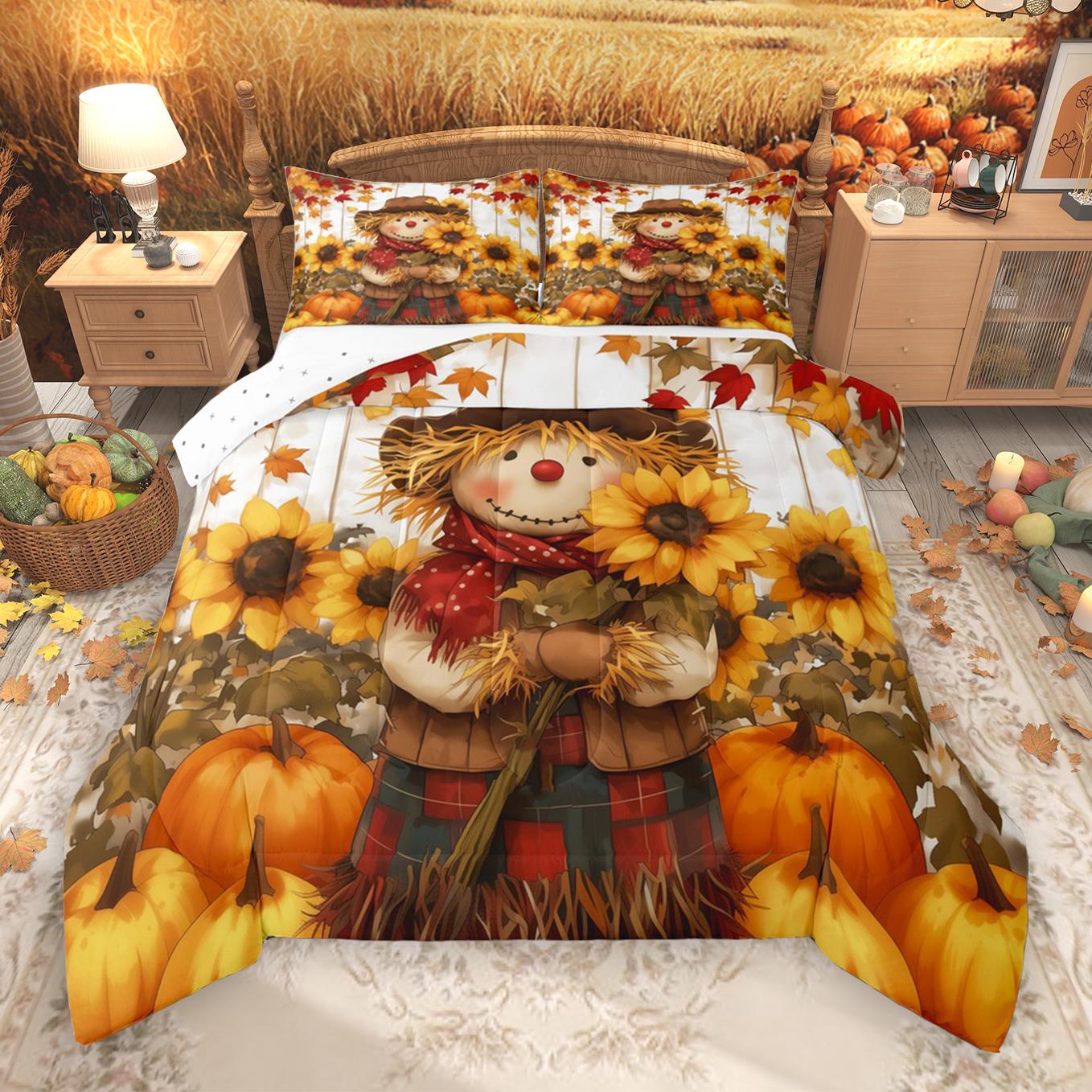 thumbnail video image 2 of Manfei Cute Cartoon Scarecrow Queen Comforter Set,Autumn Fall Sunflower Bedding Sets,Rustic Pumpkin Maples Bedding Comforter Set For Boys Kids,Microfiber Bedroom Decor Reversible,3-Piece, 2 of 9