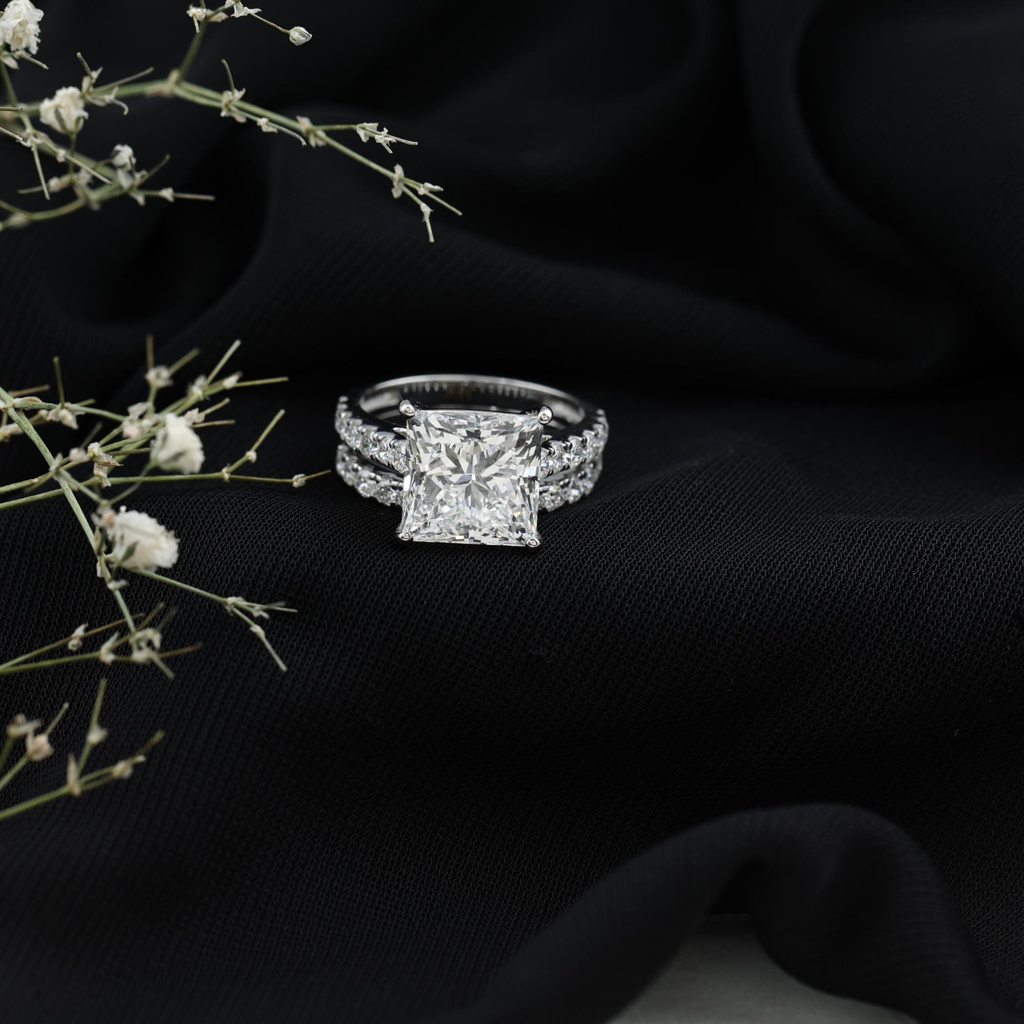 thumbnail video image 2 of Rosec Jewels Lab Grown Diamond Wedding Engagement Ring Set - IGI Certified - 5 Carat Princess Cut Engagement Ring with Enhancer, 18K White Gold, US 8.00, 2 of 9
