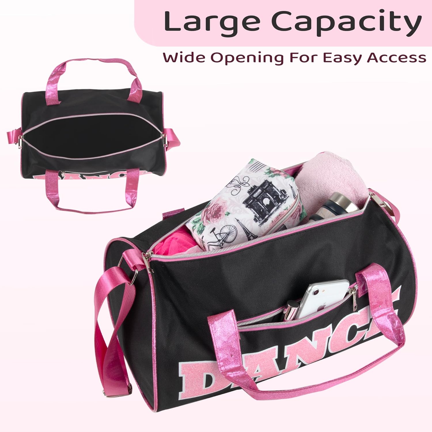thumbnail video image 2 of Madison & Dakota Girls Dance Duffle Bag for Ballet, Dance, Dancewear, Clothing, Dresses, Skirts, Tutus, Tights, Stockings, Shoes and Accessories in Purple with Glitter and Leopard Straps, 2 of 8