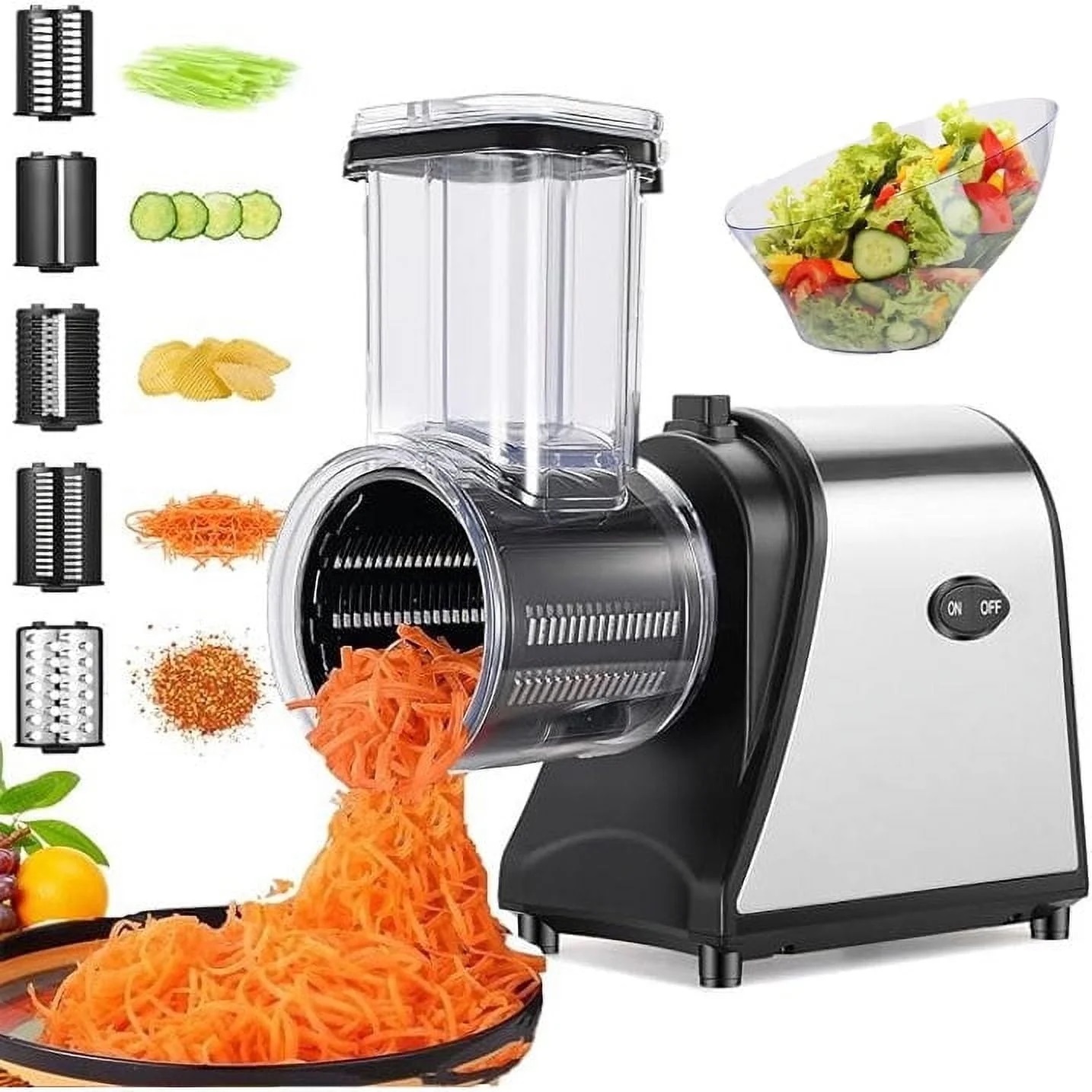 thumbnail video image 2 of Adnoom Electric Cheese Grater, 250W One-Touch Control Salad Shooter, 5 in 1 Professional Electric Shredder Vegetable Silcer for Cheeses, Fruits,Vegetables and Spice, 2 of 9