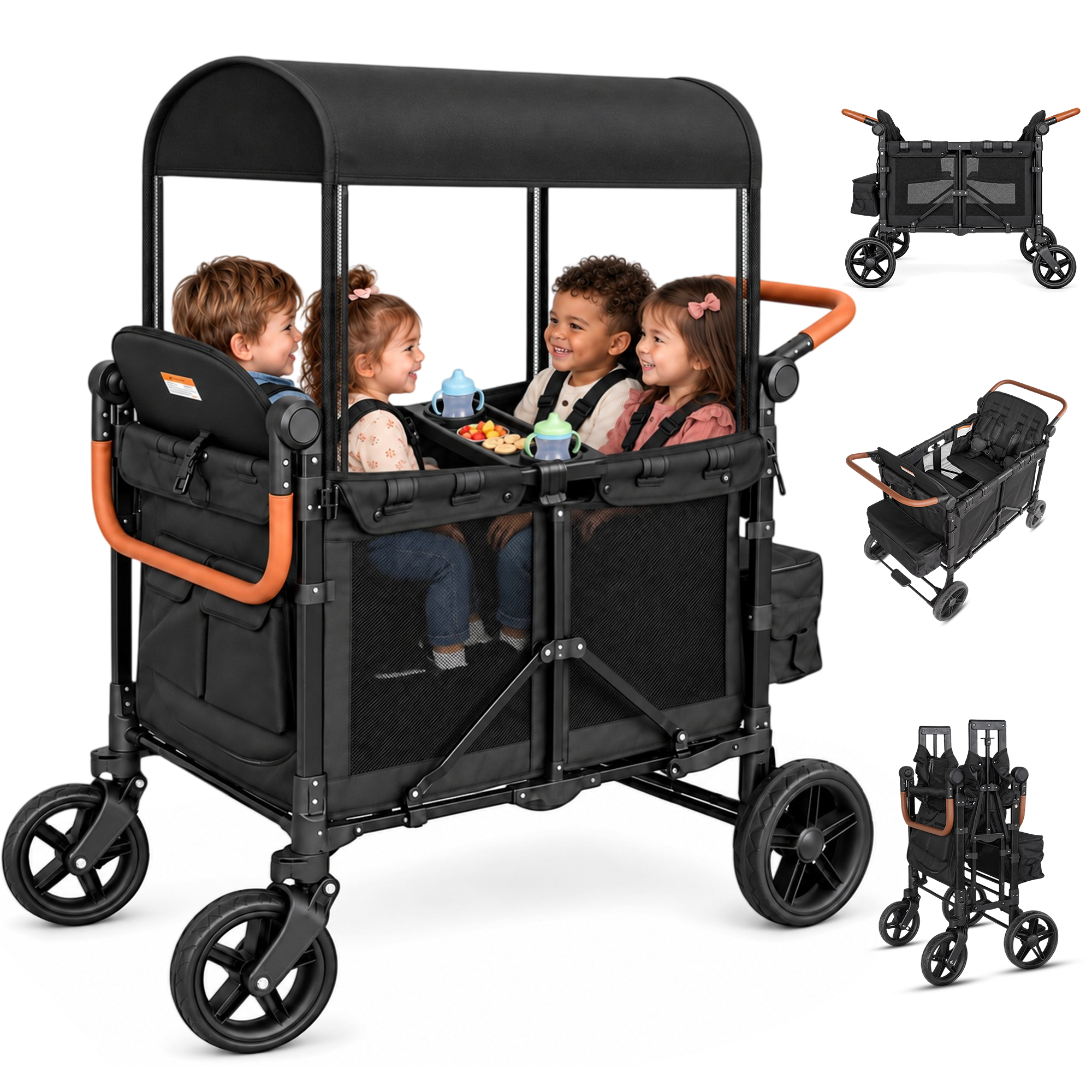 thumbnail video image 2 of TouHeart Wagon Stroller for 4 Kids, Foldable 4-Seater Stroller Wagon with Canopy, 5-Point Harness, Adjustable Push-Pull Handle, Removable Seats, Black, 2 of 15