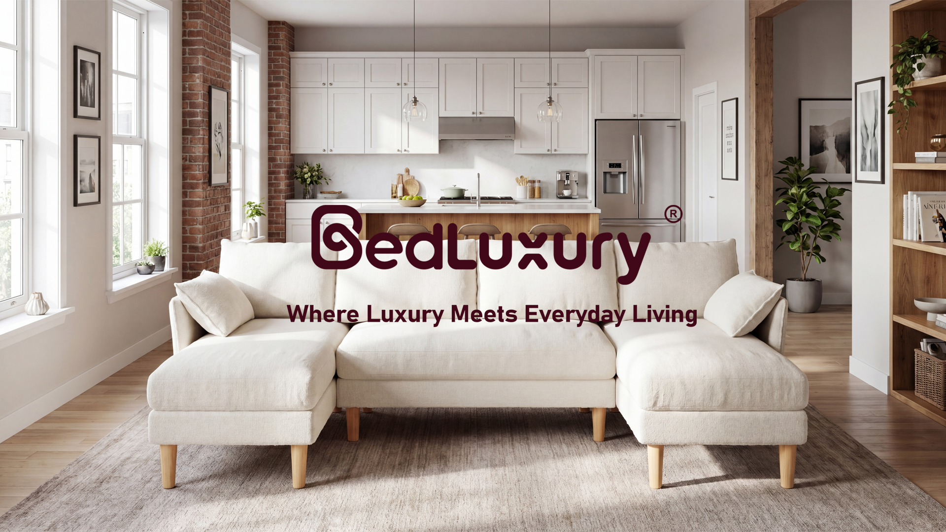 thumbnail video image 2 of BedLuxury 100" U-Shape Sectional Sofa with Chaise, Chenille Modern Couch with High Legs for Living Room, Apartment, Beige, 2 of 10