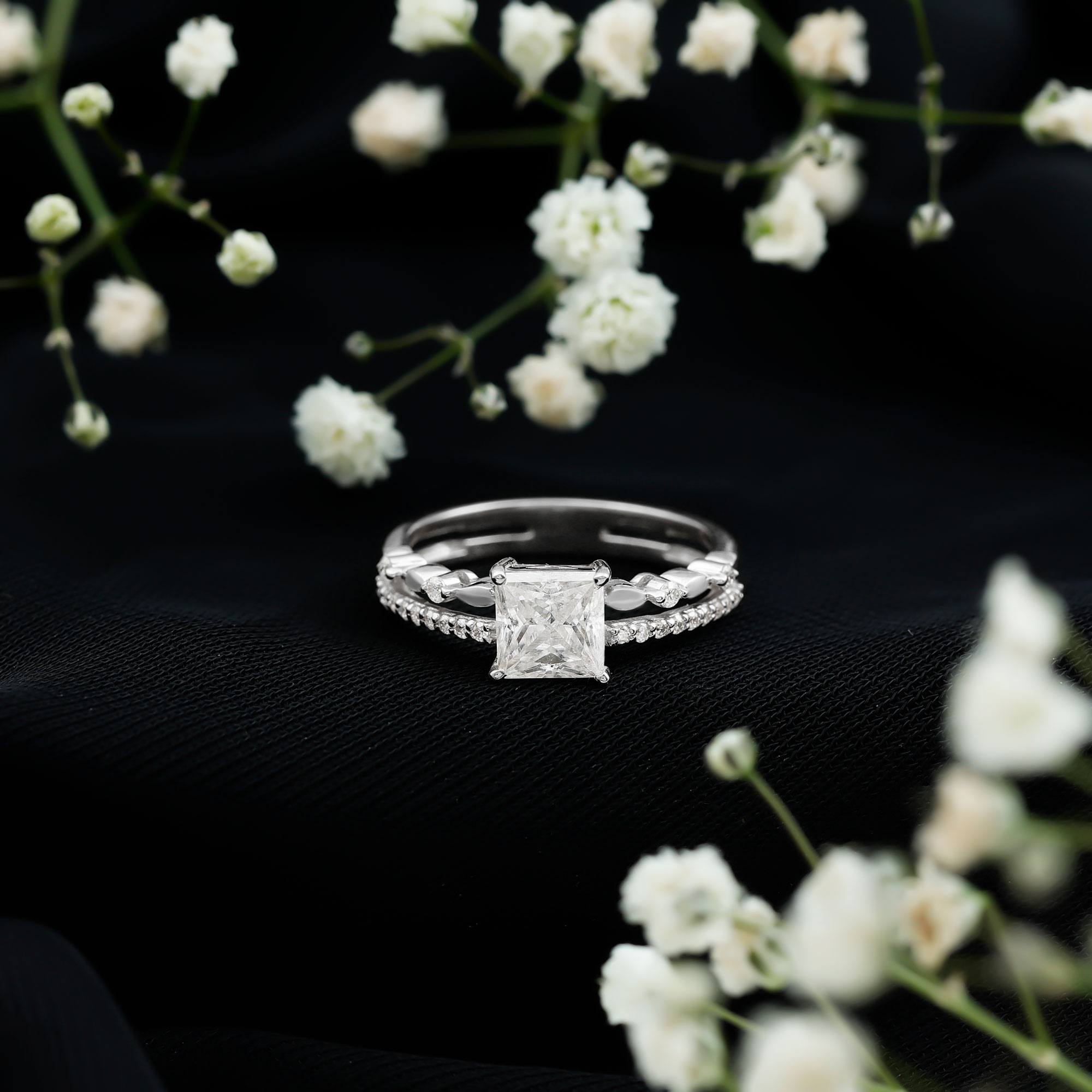 thumbnail video image 2 of Rosec Jewels Moissanite Princess Cut Engagement Ring 1 Carat - D-VS1 Quality Moissanite Double Band Ring for Women, 10K White Gold, US 9.00, 2 of 7