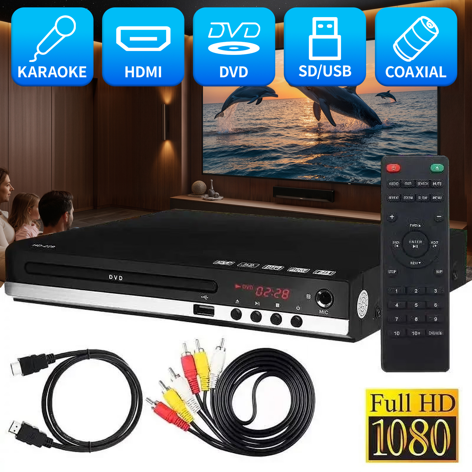 thumbnail video image 2 of 1080P Full HD DVD Player for TV - CD Players for Home, USB HDMI 5.1 Stereo Surround Sound,  Built in PAL/NTSC System, DVD Player With HDMI/AV Cable, Remote Control, 2 of 12