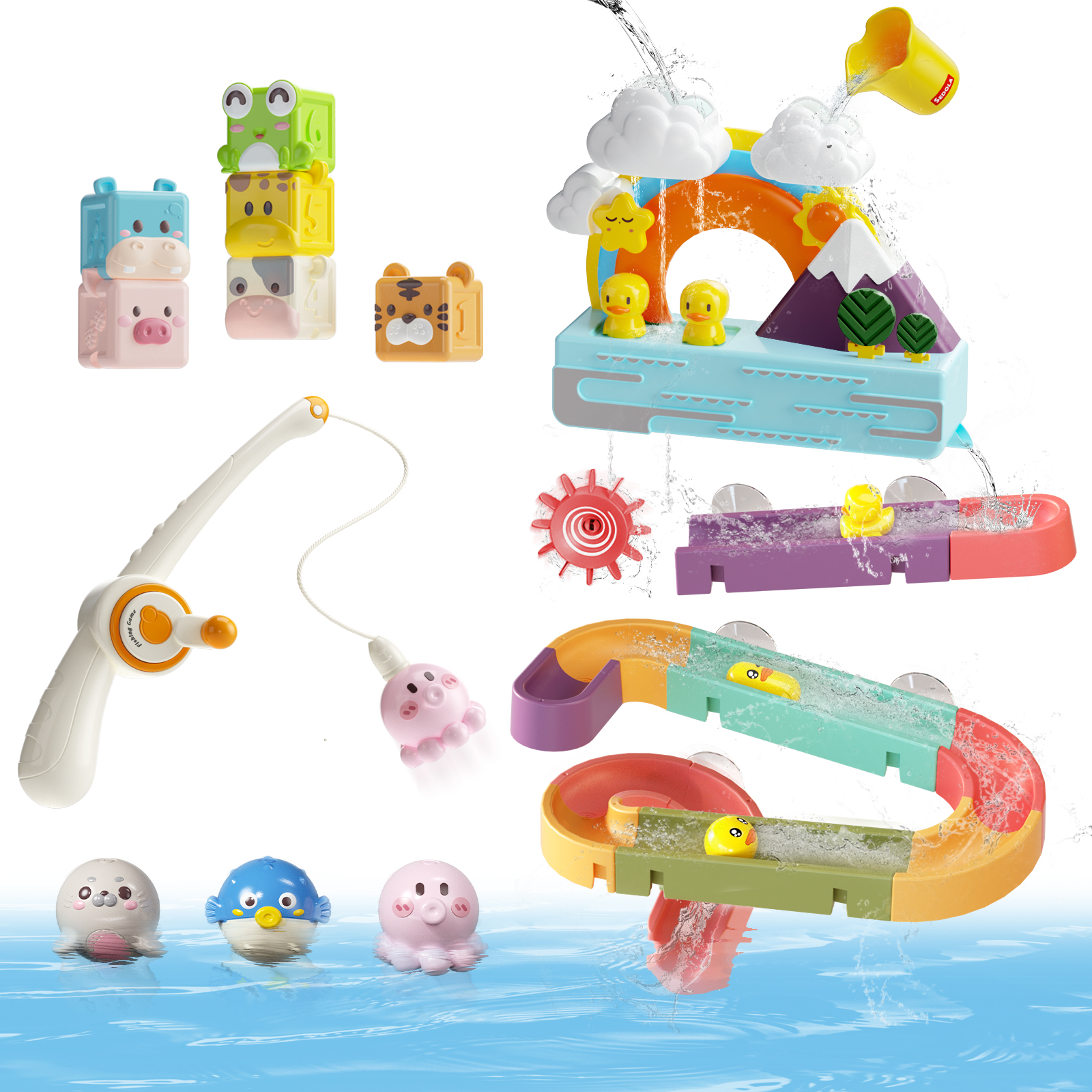 thumbnail video image 2 of Dimoarch 4 in 1 Bath Toys for Toddlers, Magnetic Fishing Game, Waterwheel Shower Toy, Duck Slide Track Set, Soft Stacking Blocks, Sensory Montessori Toys for Boys and Girls, 2 of 9
