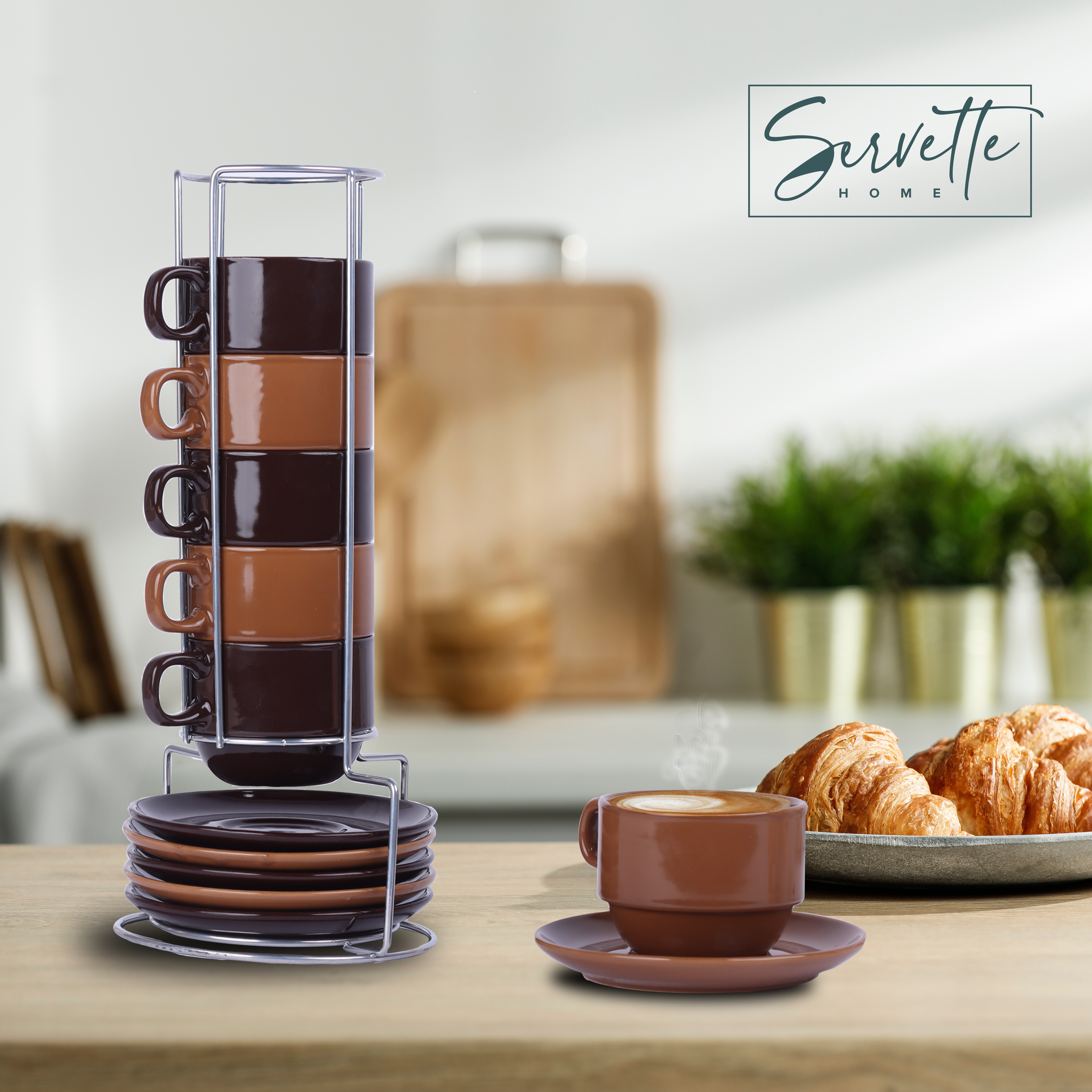 thumbnail video image 2 of Servette Home Ceramic Stackable 5oz Espresso Coffee Cups with Saucers and Stand-Set of 6 (Brown Tan), 2 of 7