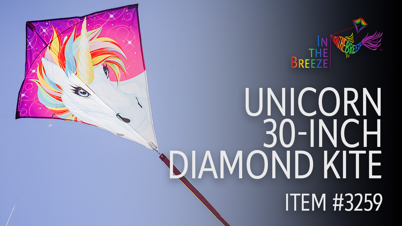 thumbnail video image 2 of In the Breeze Unicorn 30-inch Diamond Kite - Fun, Easy Flying Unicorn Kite, 2 of 8