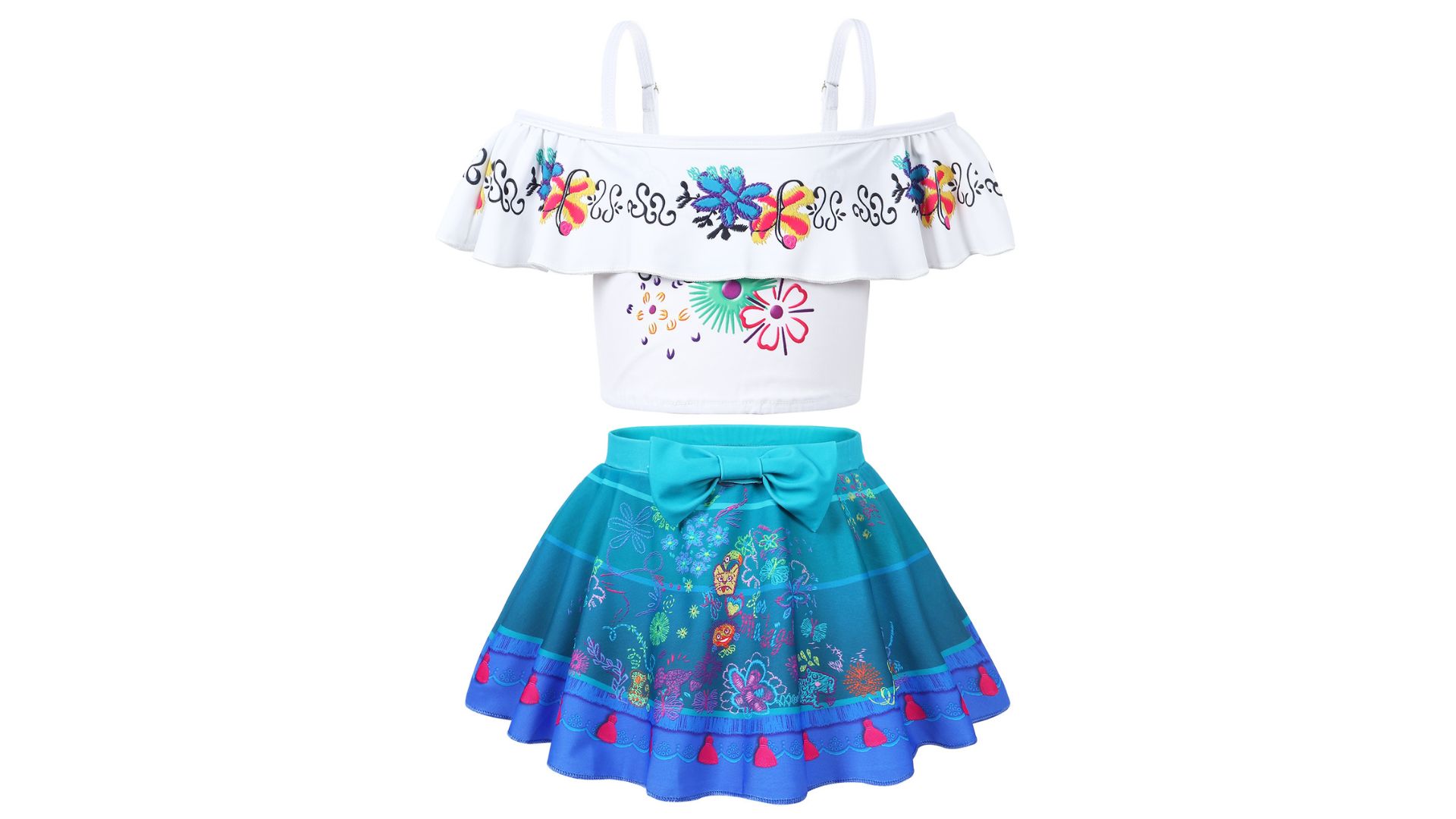 thumbnail video image 2 of Jurebecia Girls Bikinis Swimsuits Encanto Bathing Suit Two Piece Mirabel Bikini Swimsuit Madrigal Family Adventure Toddle Kids Ruffles Bathing Suit Role Play Swimwear 120 cm 5-6 Years, 2 of 14