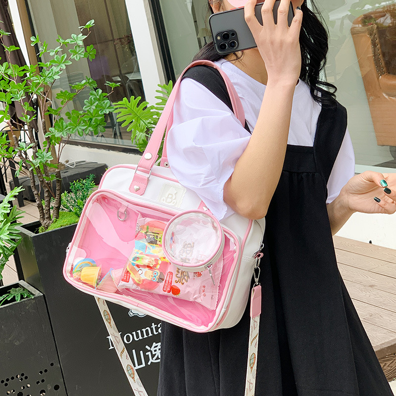 thumbnail video image 2 of SPEKSEE Cute Ita Bag Large Capacity College Style Crossbody Bag, Clear Window Pins Display Bag, Versatile Handbag for Cosplay Daily Travel, 2 of 9